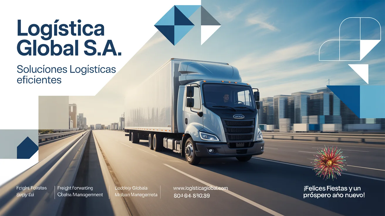 A professional 16:9 hero banner for a logistics company named 'LOGÍSTICA GLOBAL S.A.'. The banner uses a blue and gray color scheme and features a large truck in motion with a warehouse in the background. Text on the banner includes the company's slogan, 'Soluciones Logísticas Eficientes', a list of services, contact information, and a holiday greeting in Spanish.