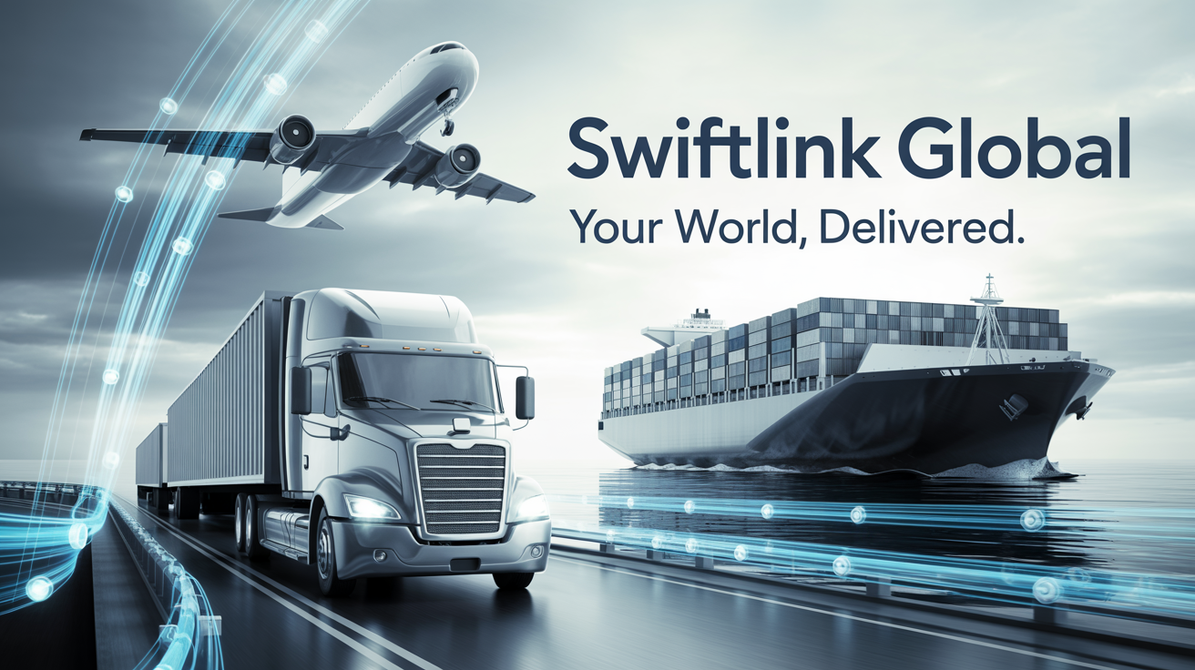 A corporate banner for a logistics company called 'SwiftLink Global'. The design features a truck, plane, and ship connected by digital lines, with the tagline 'Your World, Delivered.' set against a white background.
