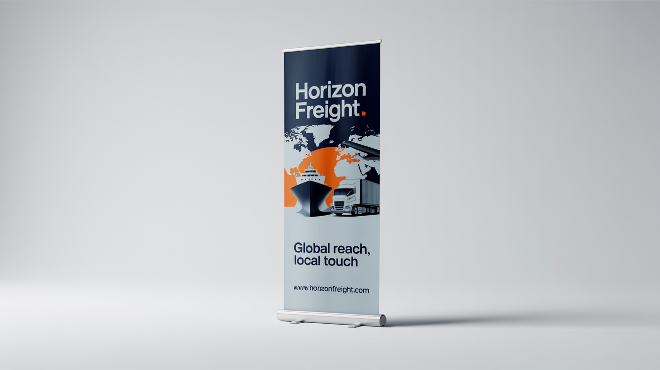 A mockup of a roll-up banner for a logistics company called 'Horizon Freight', featuring graphics of a ship, truck, and plane, with the tagline 'Global Reach, Local Touch'.