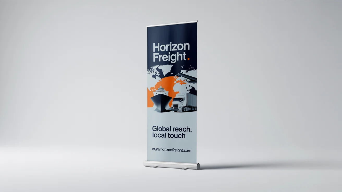 A mockup of a roll-up banner for a logistics company called 'Horizon Freight', featuring graphics of a ship, truck, and plane, with the tagline 'Global Reach, Local Touch'.