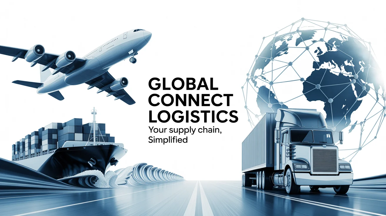 A modern logistics banner for 'Global Connect Logistics', showing a plane, ship, and truck, with the tagline 'Your Supply Chain, Simplified.' on a white background.