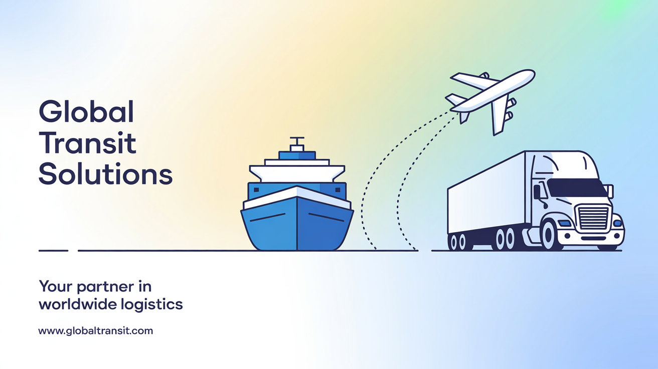 A logistics banner for 'Global Transit Solutions' showing a cargo ship, airplane, and truck, symbolizing worldwide logistics and partnership.