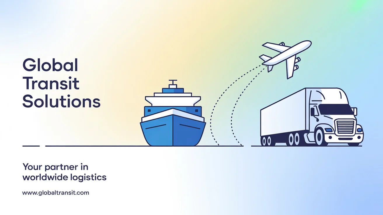 A logistics banner for 'Global Transit Solutions' showing a cargo ship, airplane, and truck, symbolizing worldwide logistics and partnership.