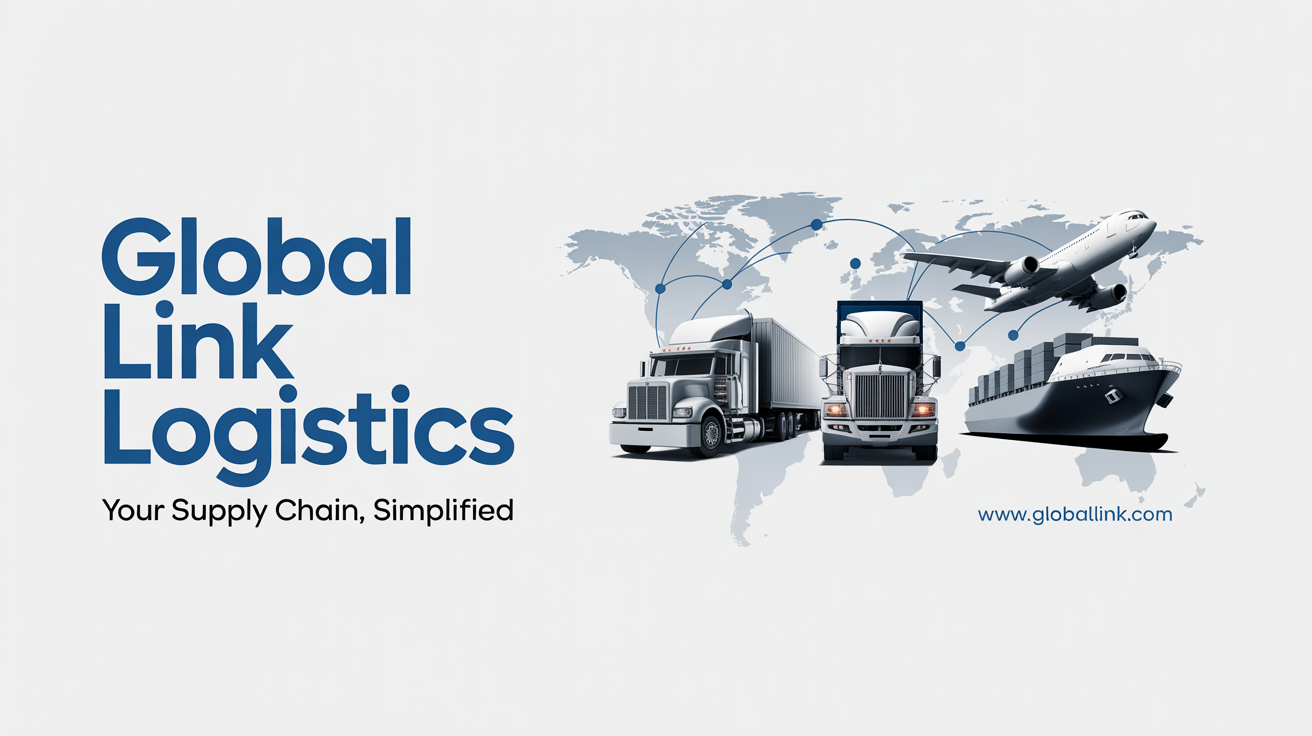 A professional logistics banner mockup for 'Global Link Logistics'. The design features a world map background and images of a truck, ship, and plane, symbolizing global supply chain services.