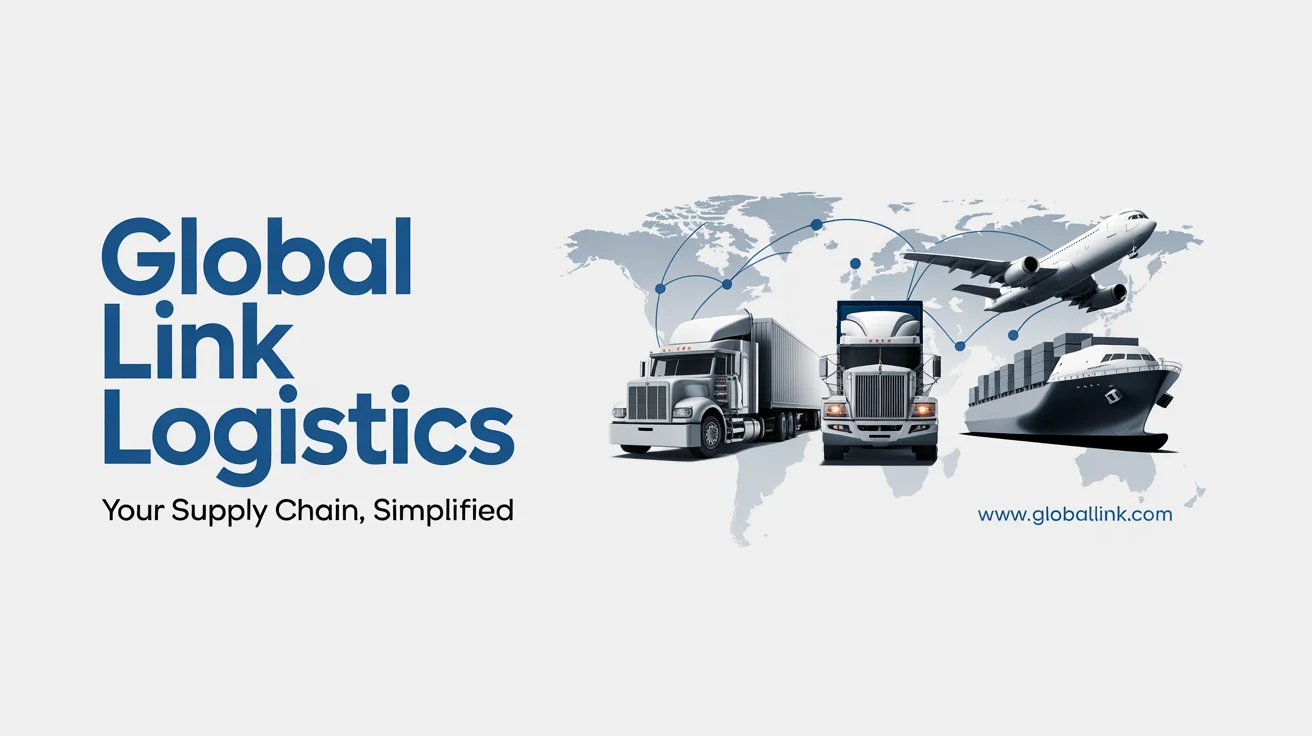 A professional logistics banner mockup for 'Global Link Logistics'. The design features a world map background and images of a truck, ship, and plane, symbolizing global supply chain services.