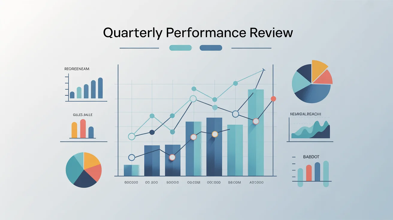 A finished, professional business infographic showing quarterly performance with various charts, graphs, and icons in a modern design.