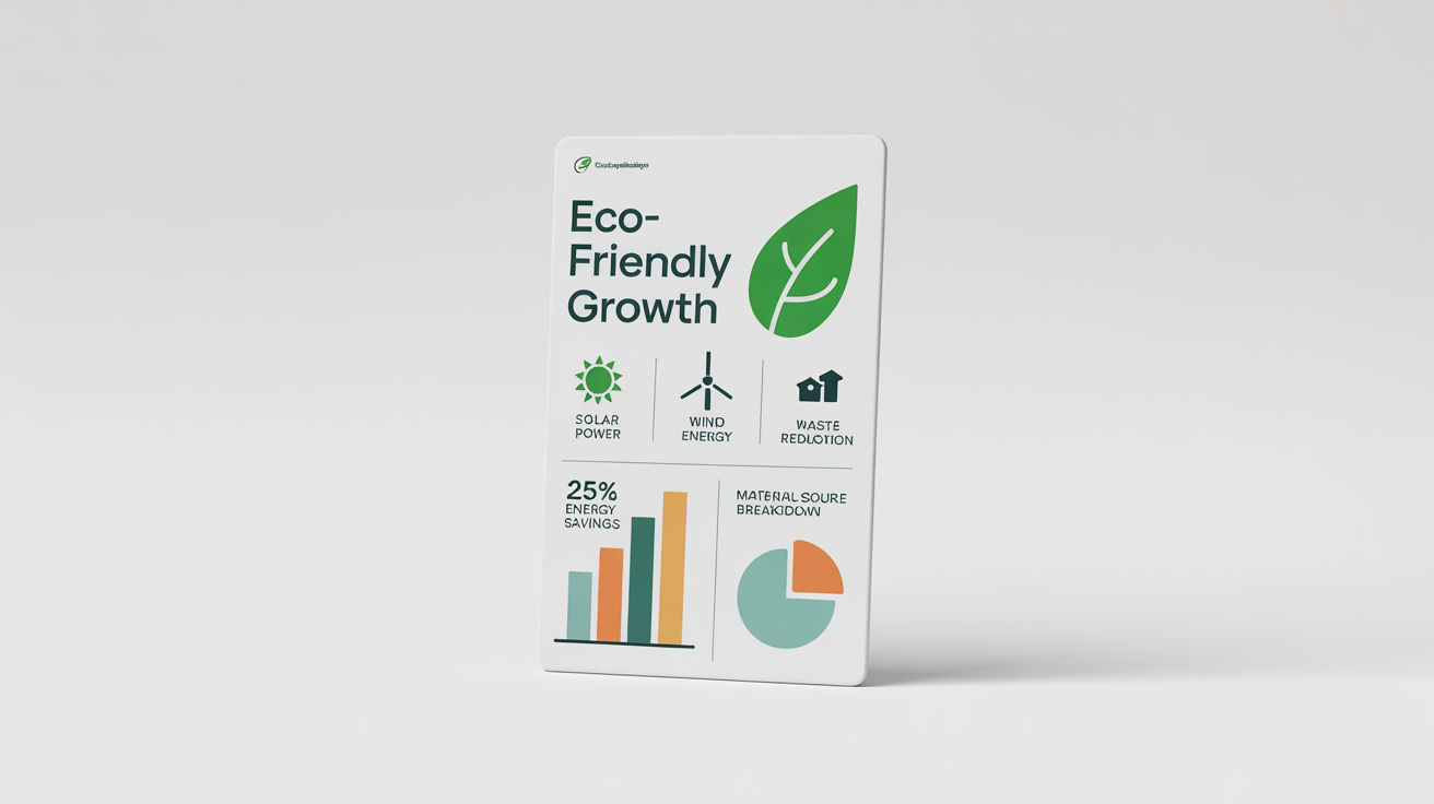 A mockup of a modern, clean infographic about sustainable business practices, featuring icons for renewable energy and charts showing data on savings, set against a white background.