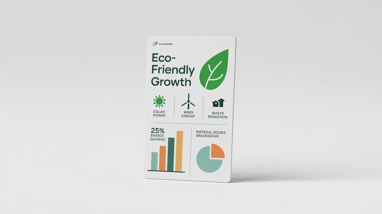 A mockup of a modern, clean infographic about sustainable business practices, featuring icons for renewable energy and charts showing data on savings, set against a white background.
