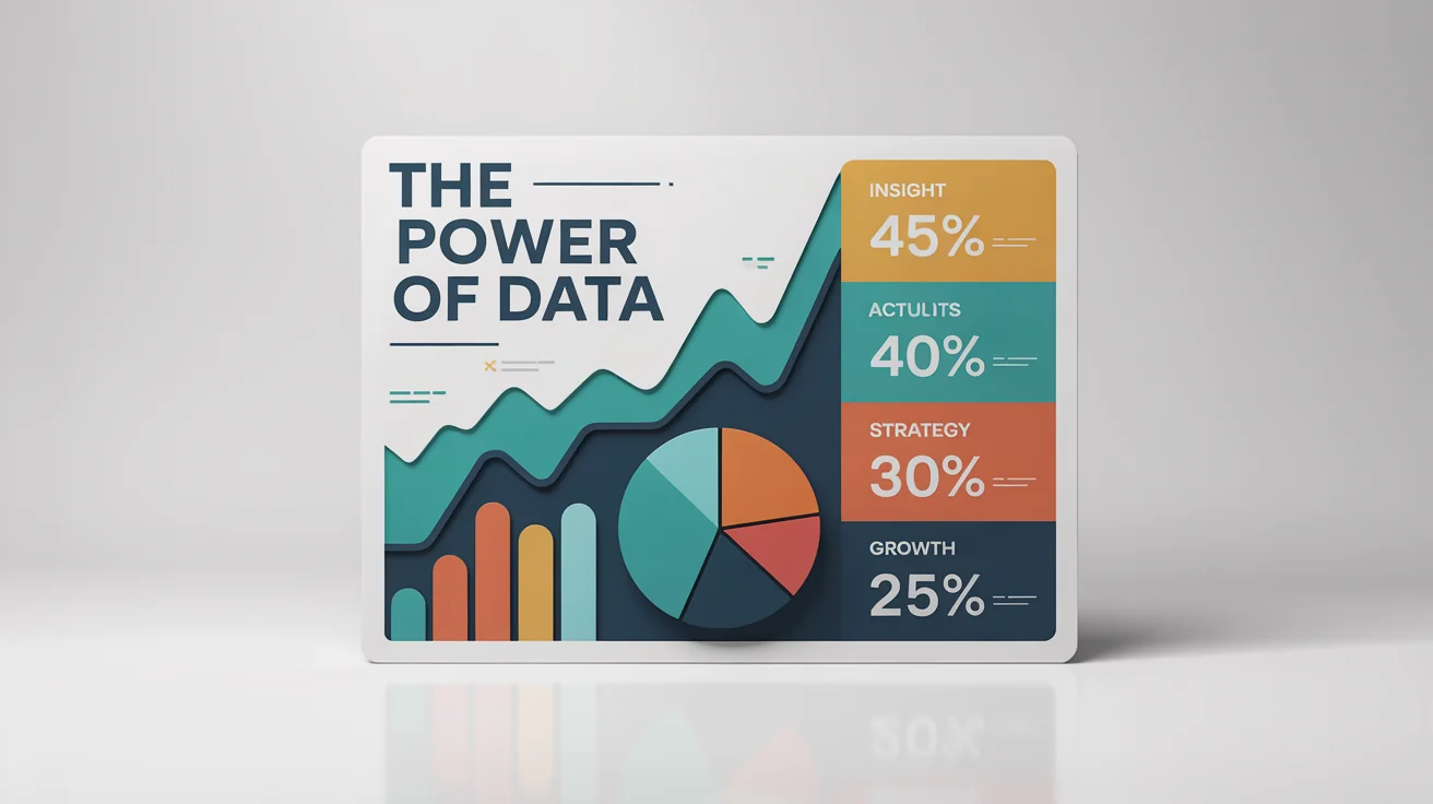 A modern infographic mockup titled 'The Power of Data', featuring a line graph, a pie chart showing analytics and strategy percentages, and icons for insight, action, and results, all on a clean white background.
