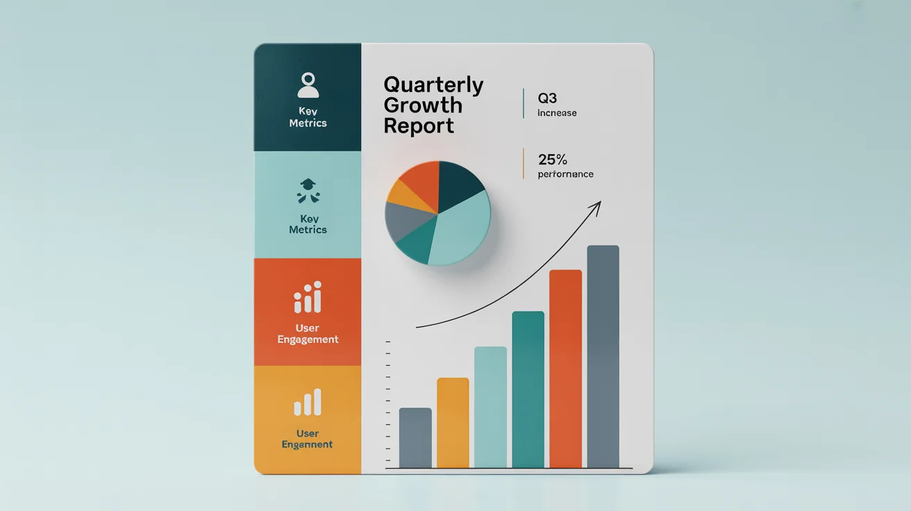 A modern infographic mockup about quarterly growth, featuring pie charts, bar graphs, and icons in a teal and orange color scheme on a white background.
