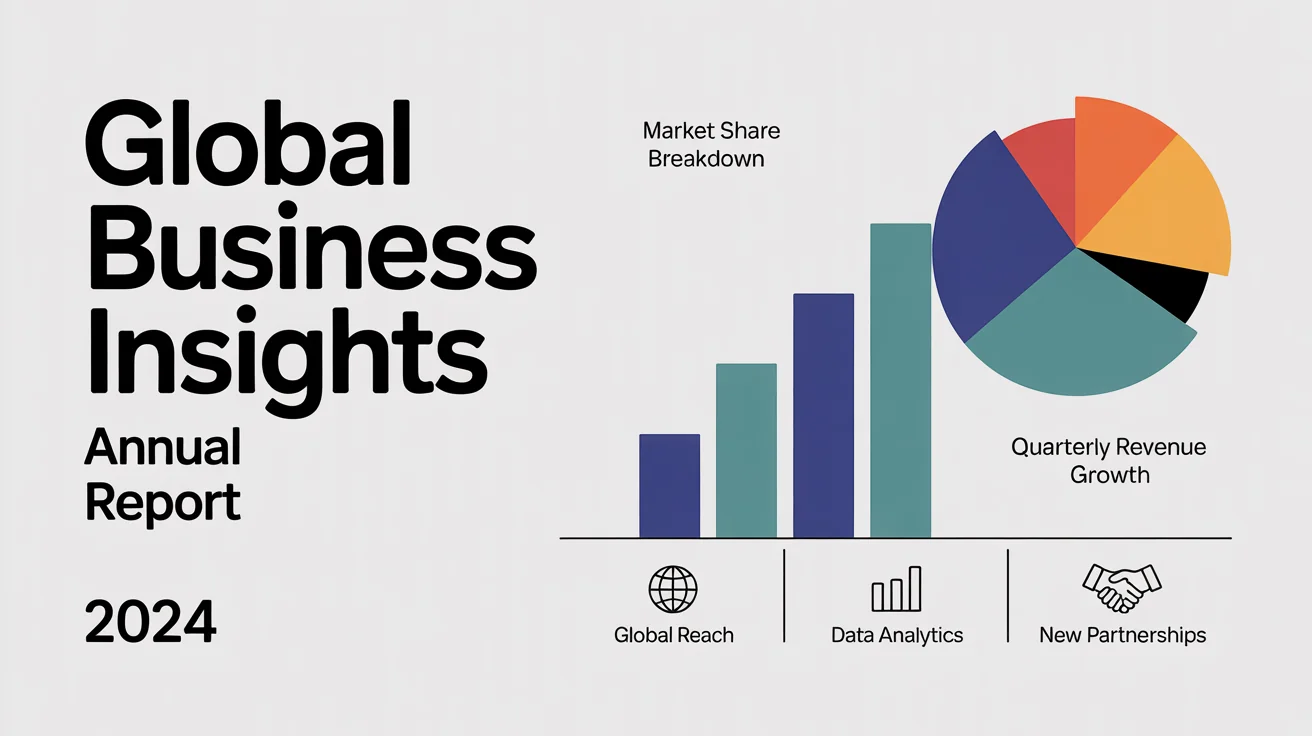 A modern infographic mockup about global business insights for 2024, featuring a pie chart, a bar graph, and icons for global reach, analytics, and partnerships, all in a clean, flat design on a white background.