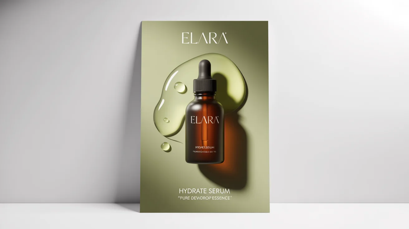 A mockup of a luxurious product poster for 'ELARA' brand's 'HYDRATE SERUM', featuring a sleek amber bottle on a sage green background, all set against a clean white surface.