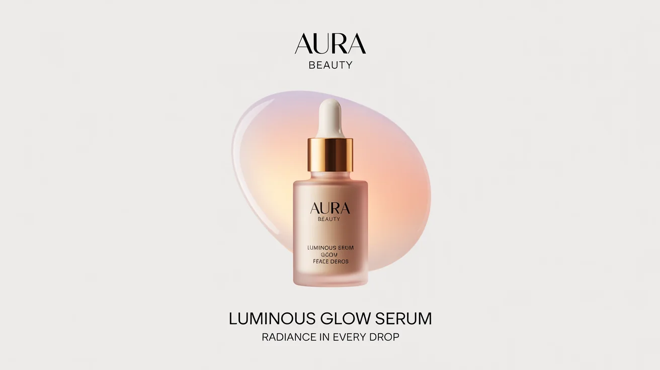 A professional mockup of a product poster for a luxury skincare brand called 'AURA BEAUTY', advertising their 'Luminous Glow Serum' against a clean white background.