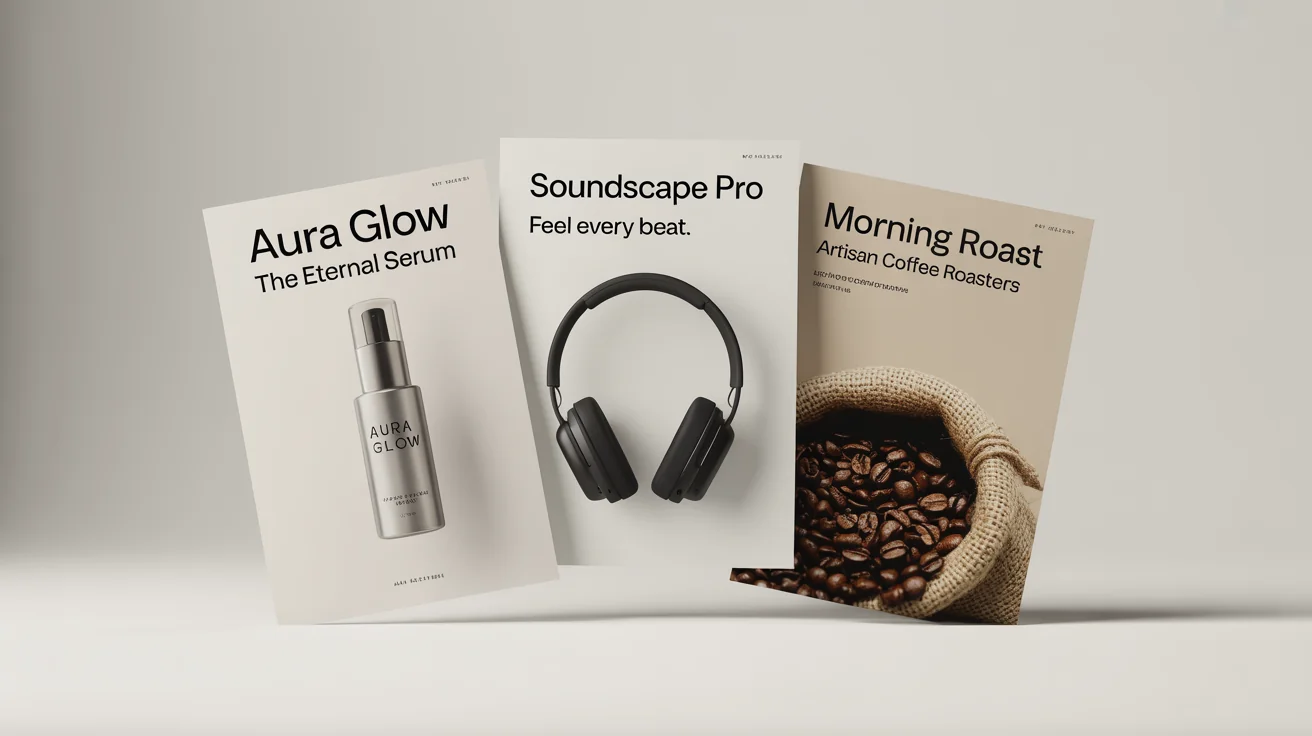 Three professionally designed product posters for cosmetics, headphones, and coffee, arranged neatly against a clean white background to showcase high-quality advertising material.