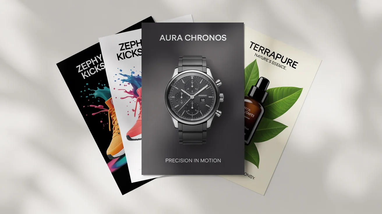 A collection of professionally designed product posters for a watch, sneakers, and skincare, arranged on a white background to showcase high-quality marketing materials.