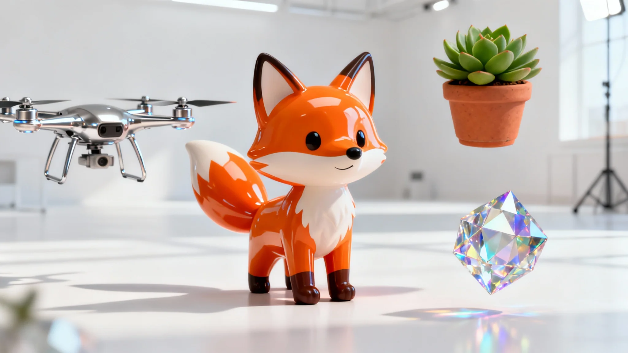 A hero image showcasing a collection of high-quality 3D objects, including a cartoon fox, a chrome drone, and a plant, floating in a brightly lit white space.