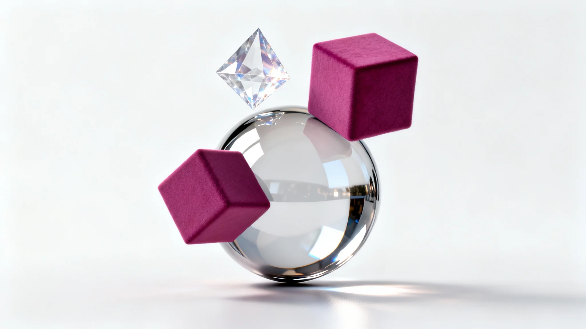A photorealistic 3D rendering of a chrome sphere, a magenta cube, and a crystal pyramid floating against a pure white background, showcasing different materials and textures.