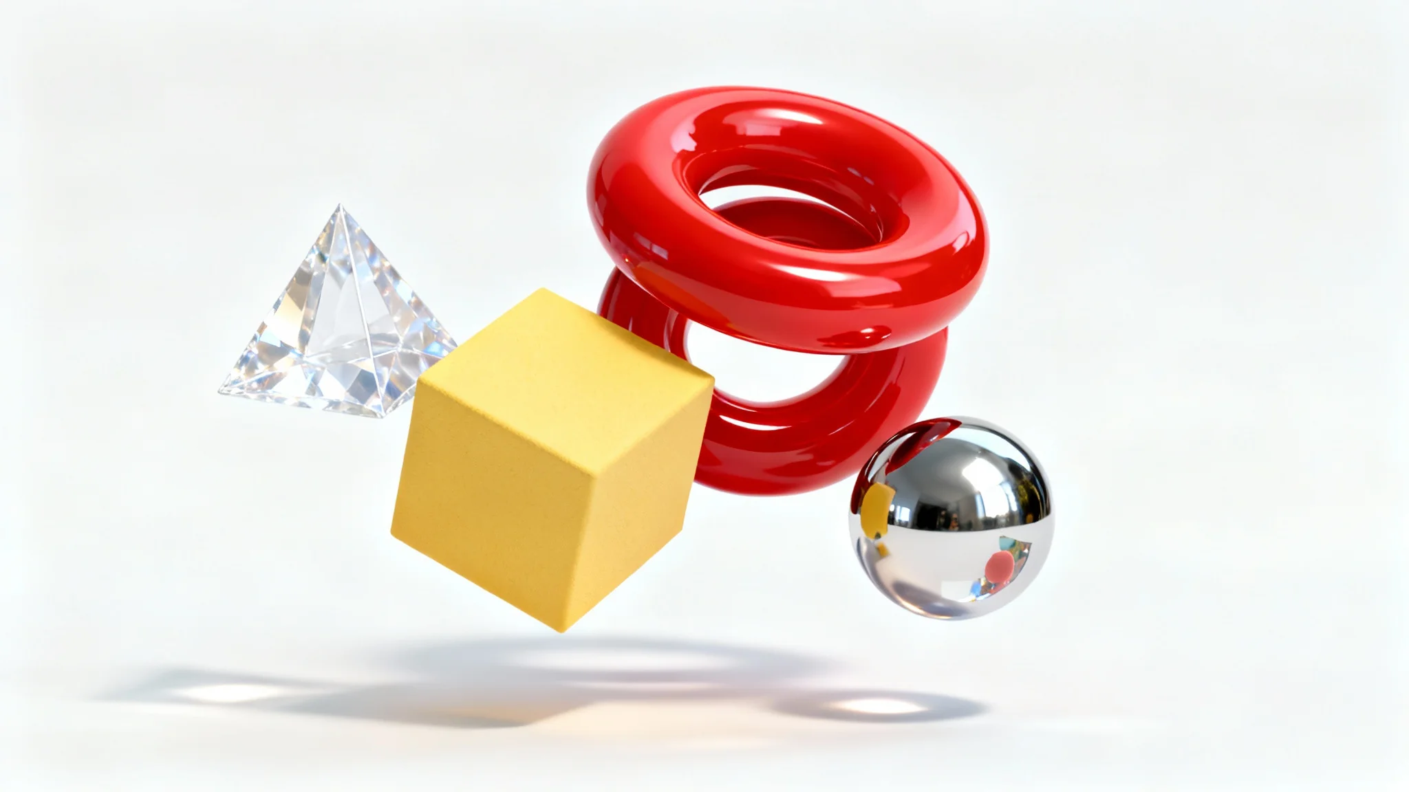 A vibrant 3D rendering of various geometric shapes, including a red torus, a yellow cube, a crystal pyramid, and a chrome sphere, floating against a clean white background, showcasing different textures and materials.