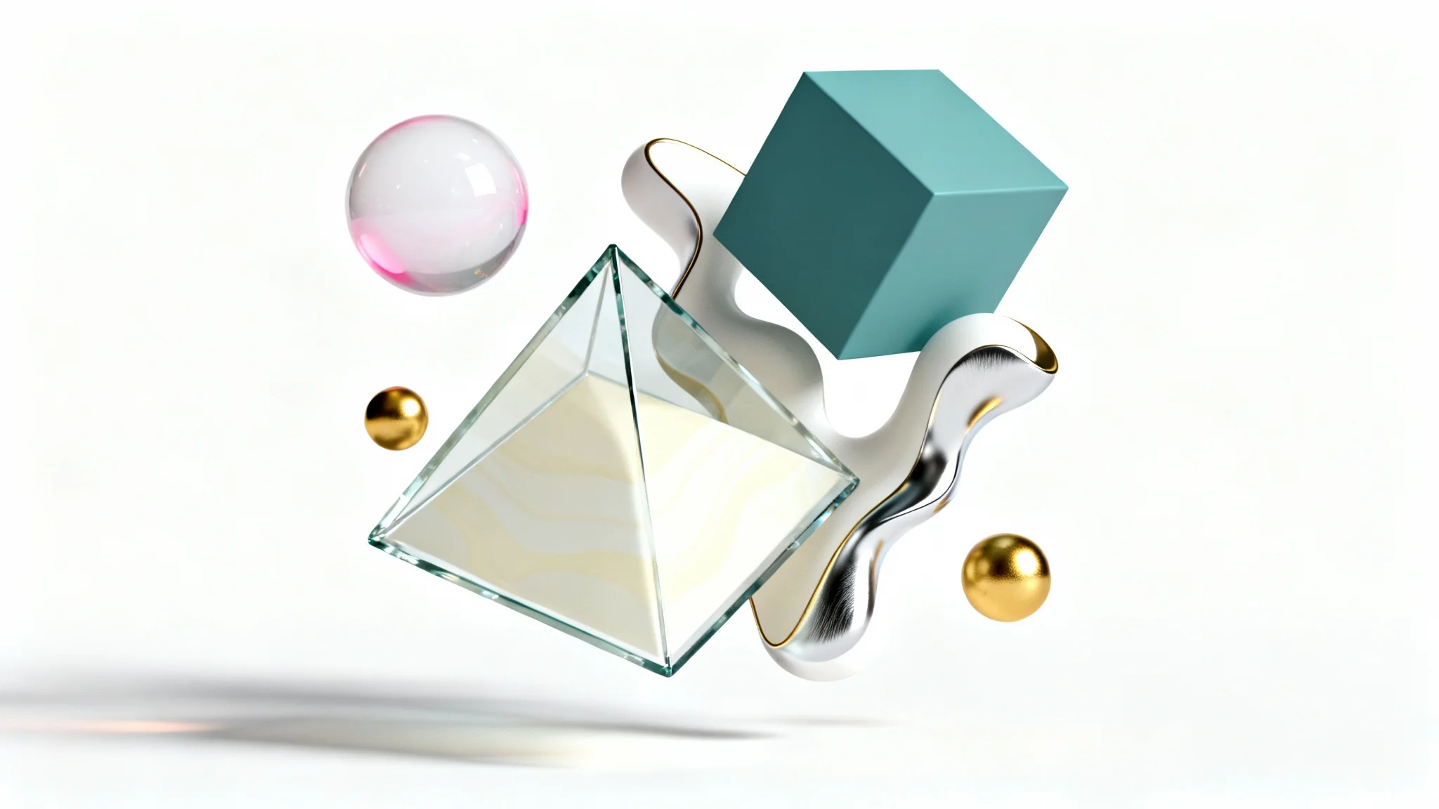 A collection of beautifully rendered 3D objects, including a sphere, cube, and abstract shapes, in pastel colors with gold accents, floating against a white background.