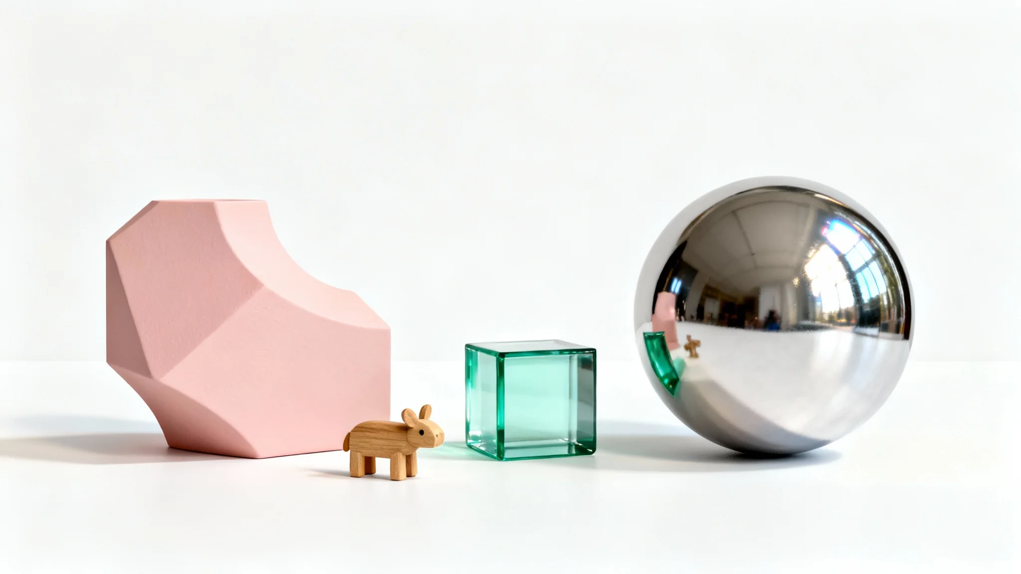 A collection of beautifully rendered 3D objects, including a pink geometric shape, a chrome sphere, and a green glass cube, arranged on a white surface.