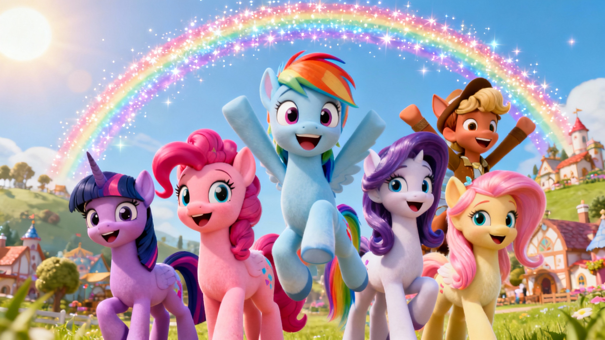An eye-catching hero image featuring the main characters from My Little Pony in a high-quality, modern 3D style, posed together joyfully in a magical, sunny landscape with a rainbow.
