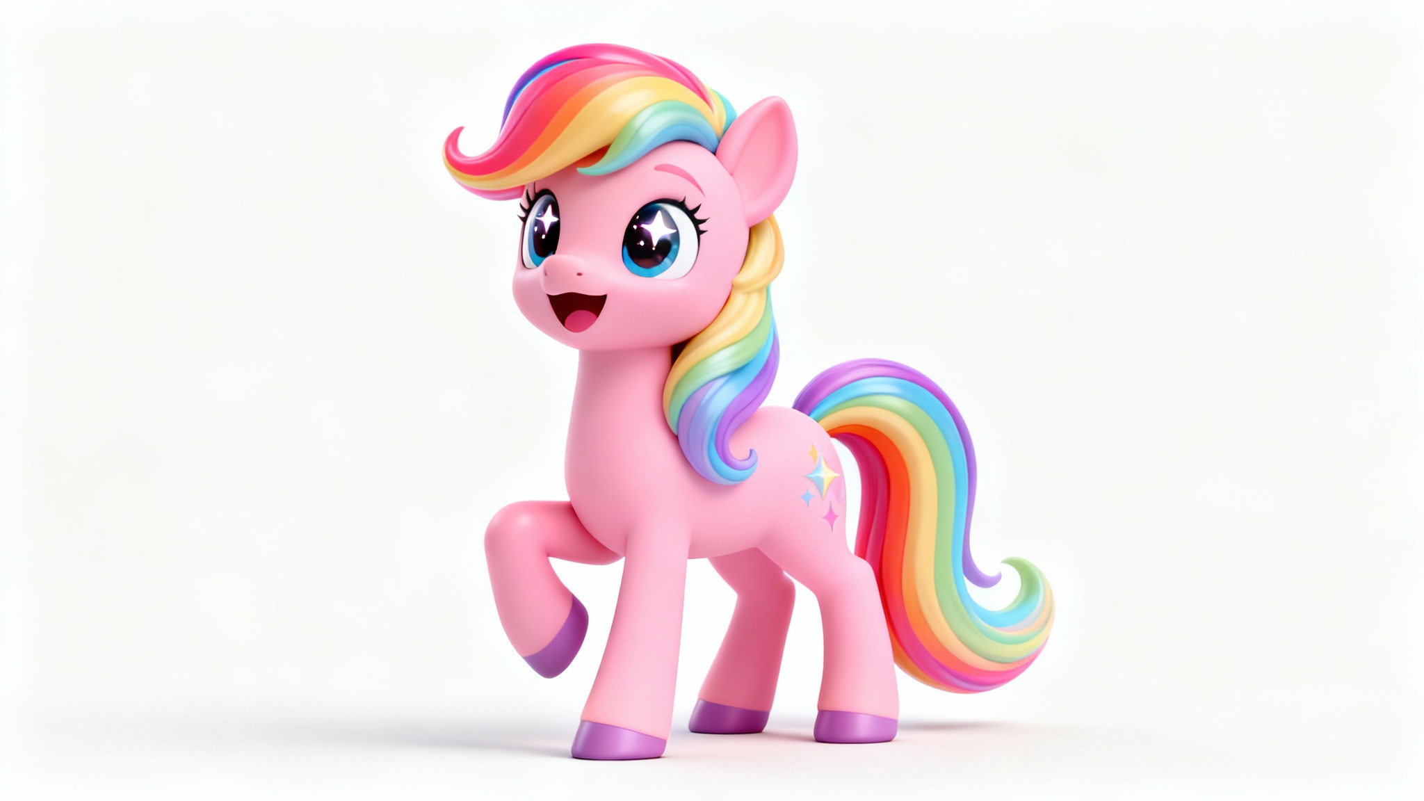 A 3D render of a cheerful pink My Little Pony with a rainbow mane and tail, playfully standing on its hind legs against a plain white background.