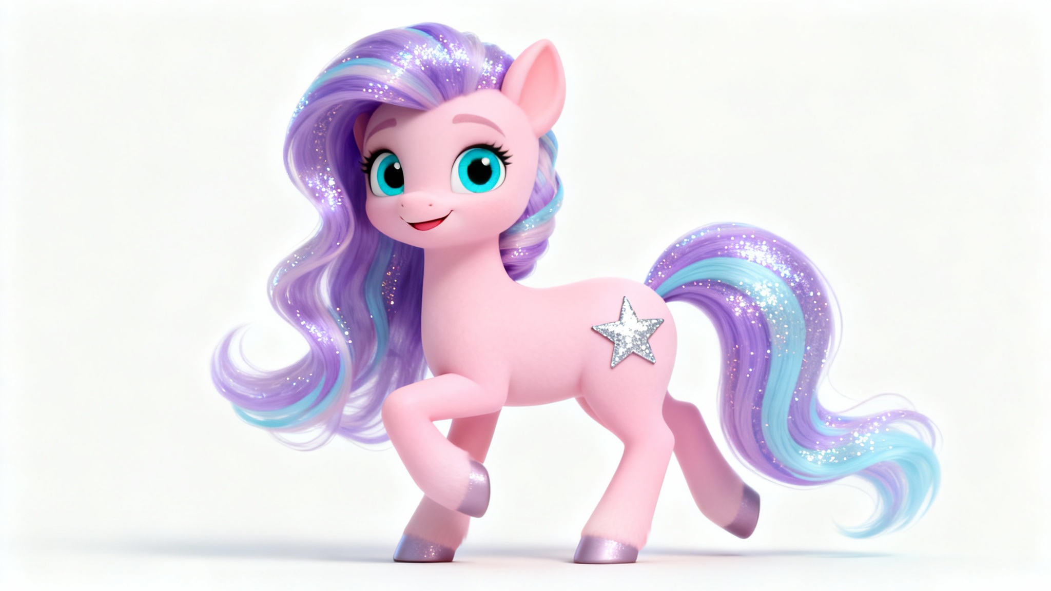 A 3D animated, cute pastel pink pony with a glittery rainbow mane, prancing joyfully against a solid white background.