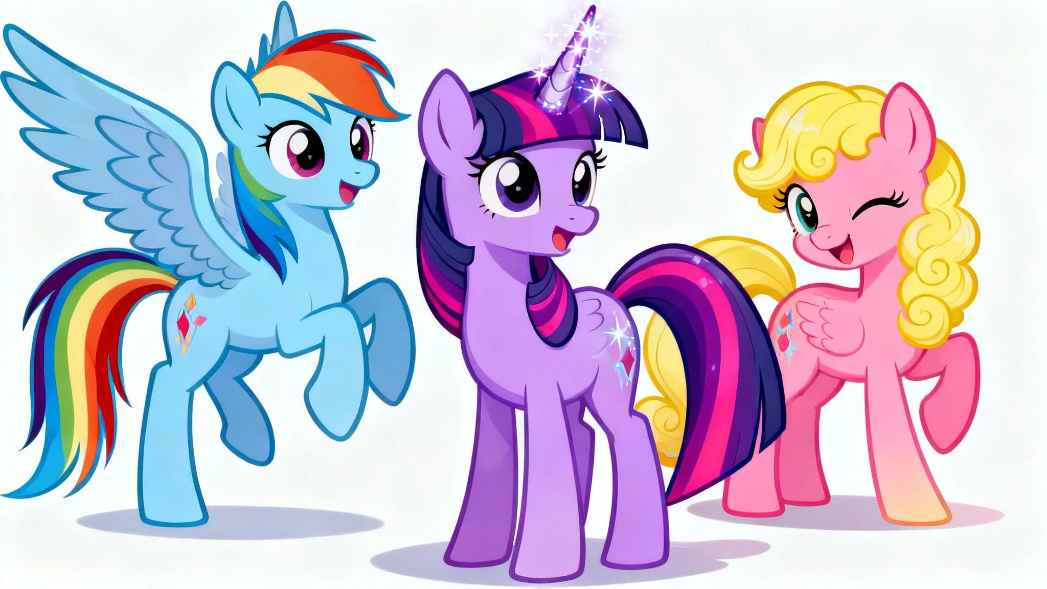 A colorful cartoon illustration of three friendly My Little Pony characters, a purple unicorn, a blue pegasus with a rainbow mane, and a pink earth pony, posing together against a white background.