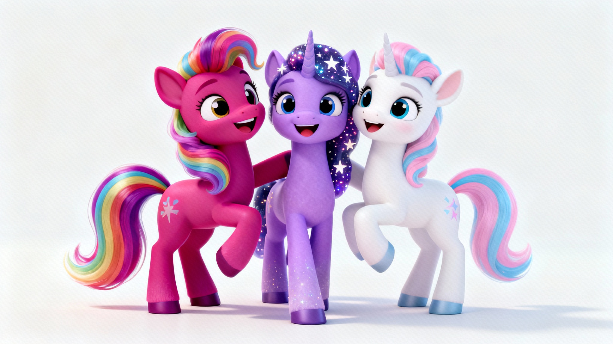 Three colorful, 3D-rendered cartoon ponies, in pink, purple, and white, posing joyfully against a clean white background.