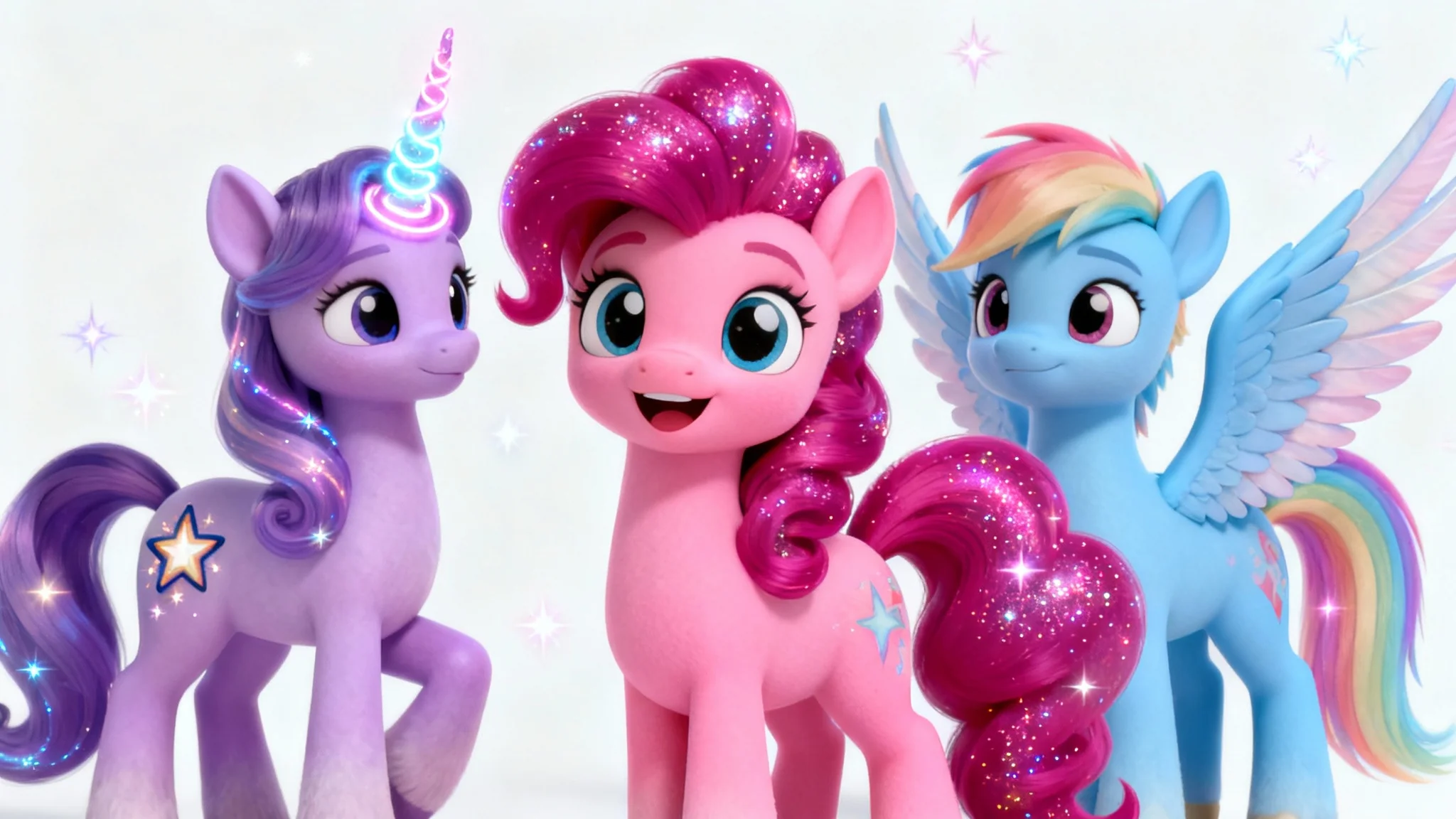 A colorful digital illustration of three My Little Pony characters, a pink earth pony, a lavender unicorn, and a blue pegasus, posing happily on a clean white background, 