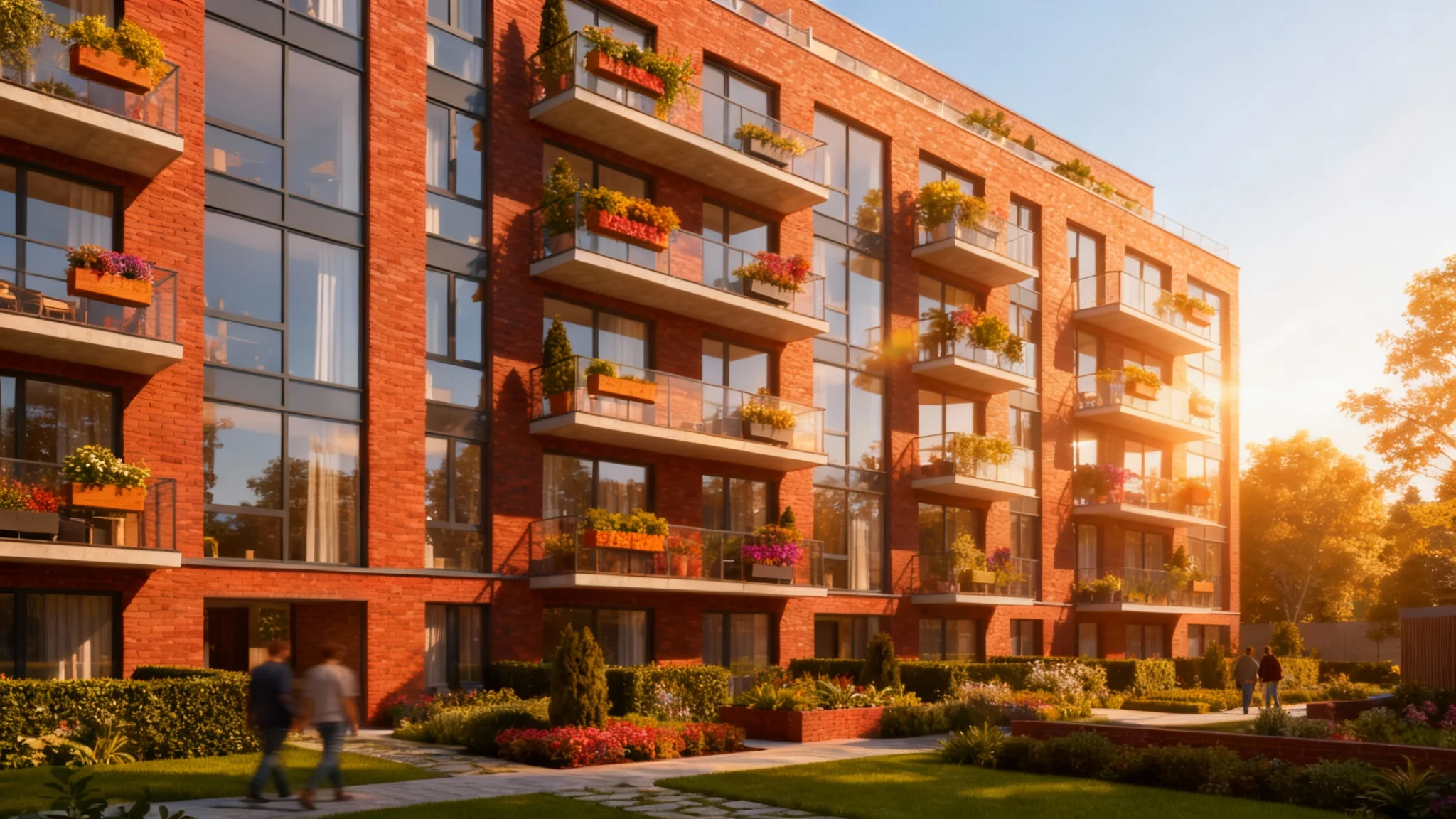 A hyper-realistic architectural rendering of a modern multifamily apartment building at sunset. The warm light highlights the brick and glass facade, lush balcony planters, and landscaped gardens.