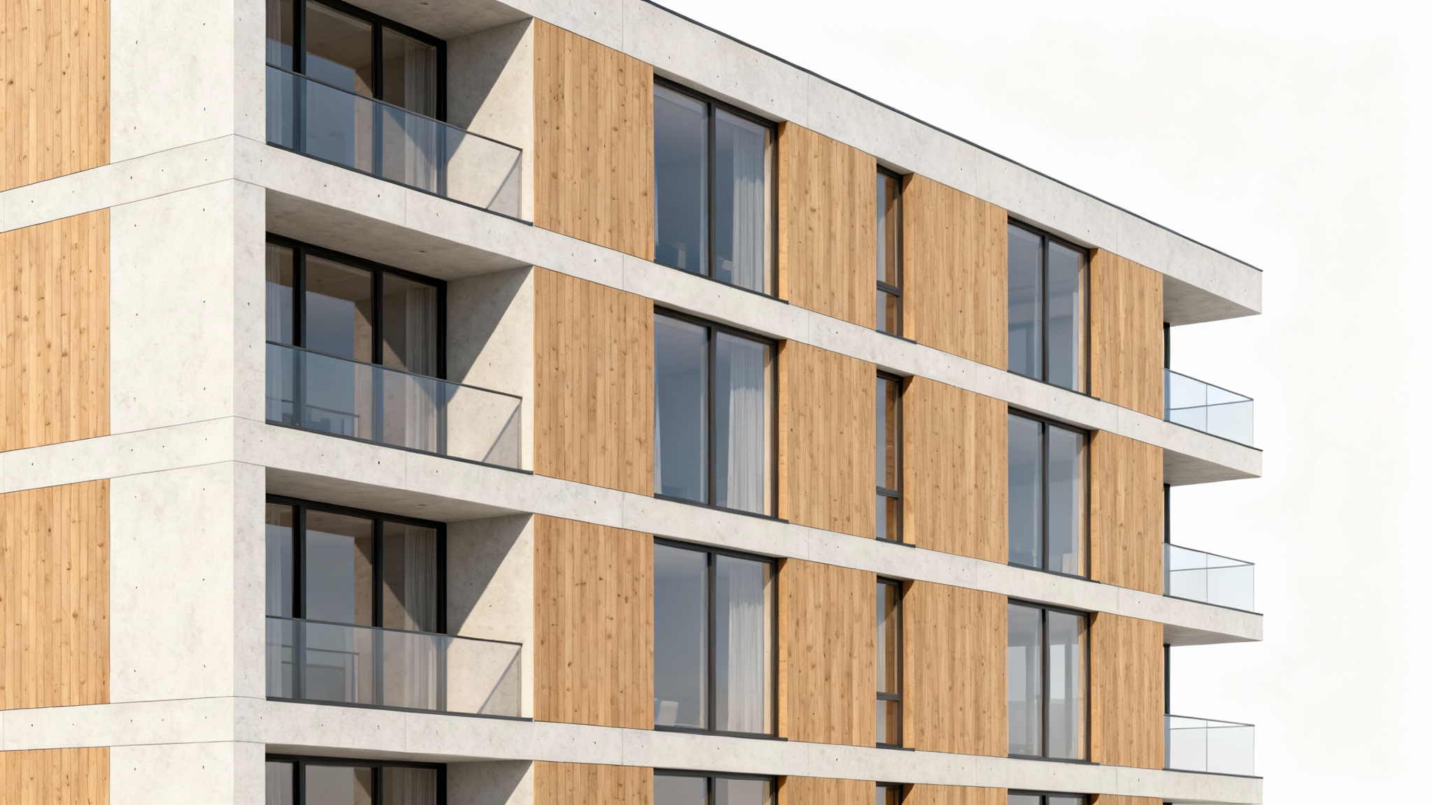 A photorealistic architectural rendering of a modern multifamily apartment building with a clean, minimalist design, set against a solid white background.