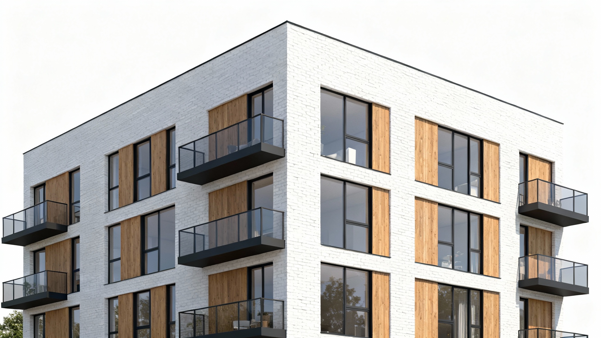 A photorealistic architectural rendering of a modern, multi-story apartment building with balconies and wood accents, shown against a plain white background.