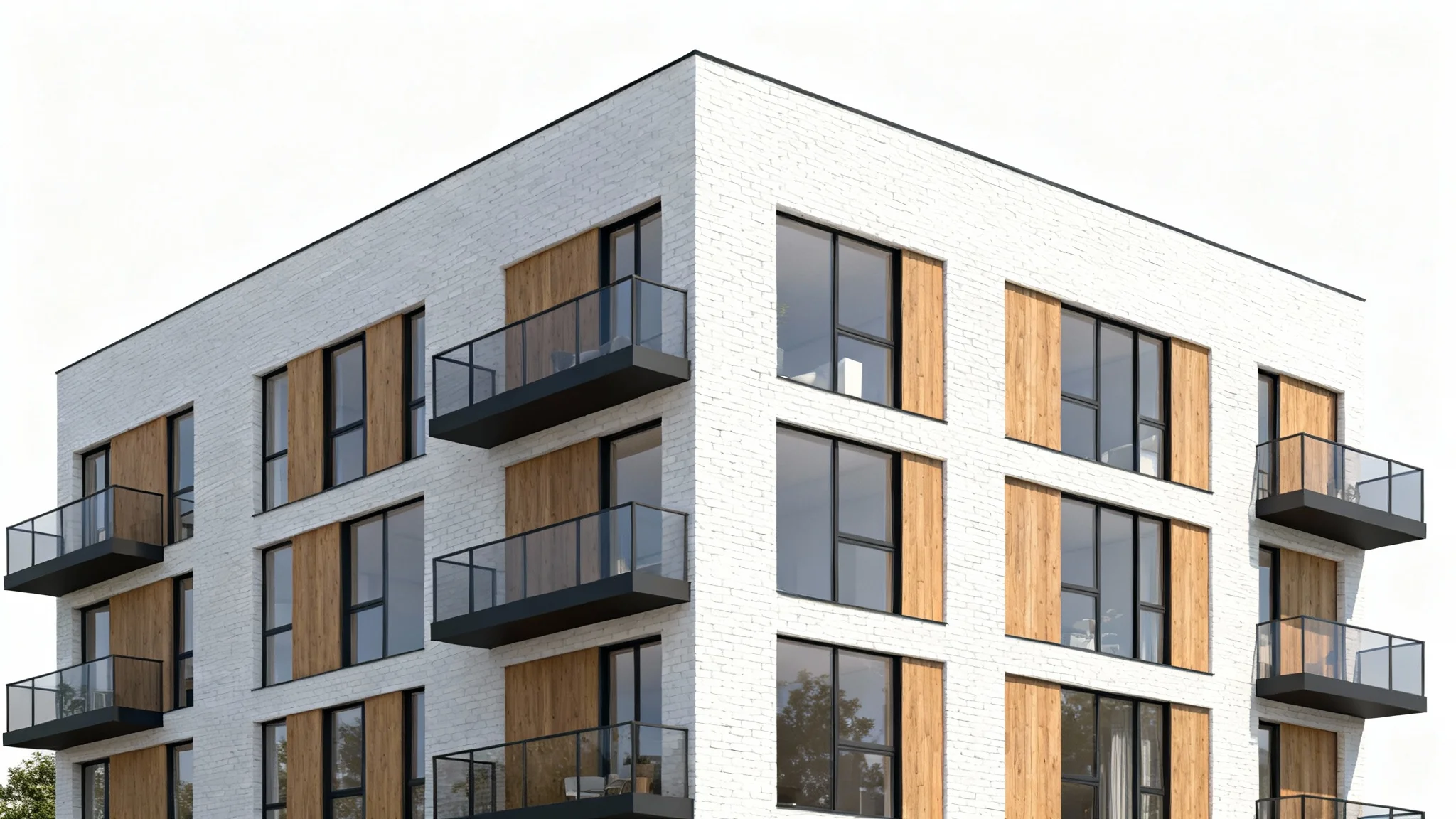 A photorealistic architectural rendering of a modern, multi-story apartment building with balconies and wood accents, shown against a plain white background.