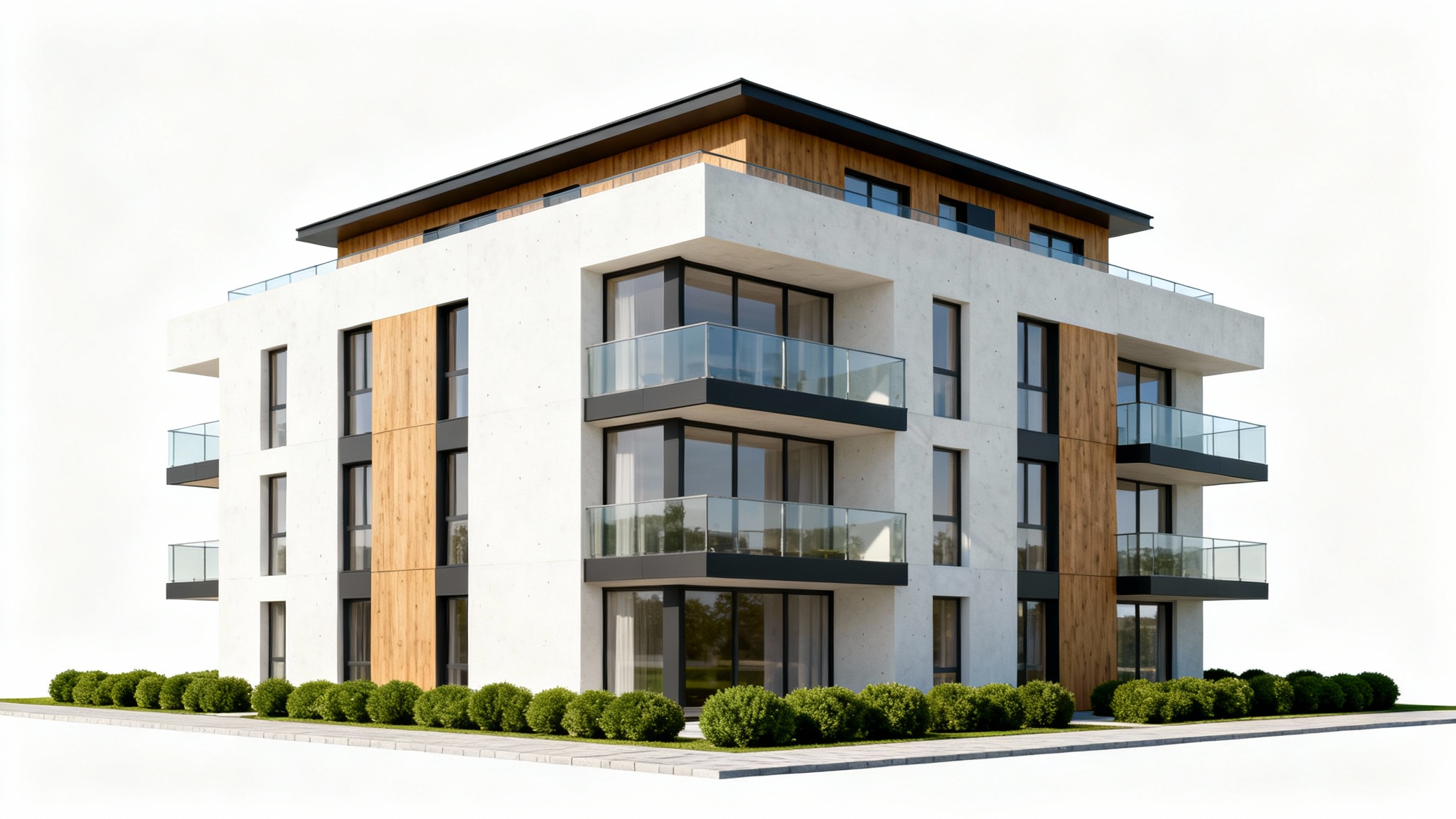 A photorealistic architectural rendering of a modern multifamily residential building with a mix of concrete, wood, and glass, presented against a clean white background.