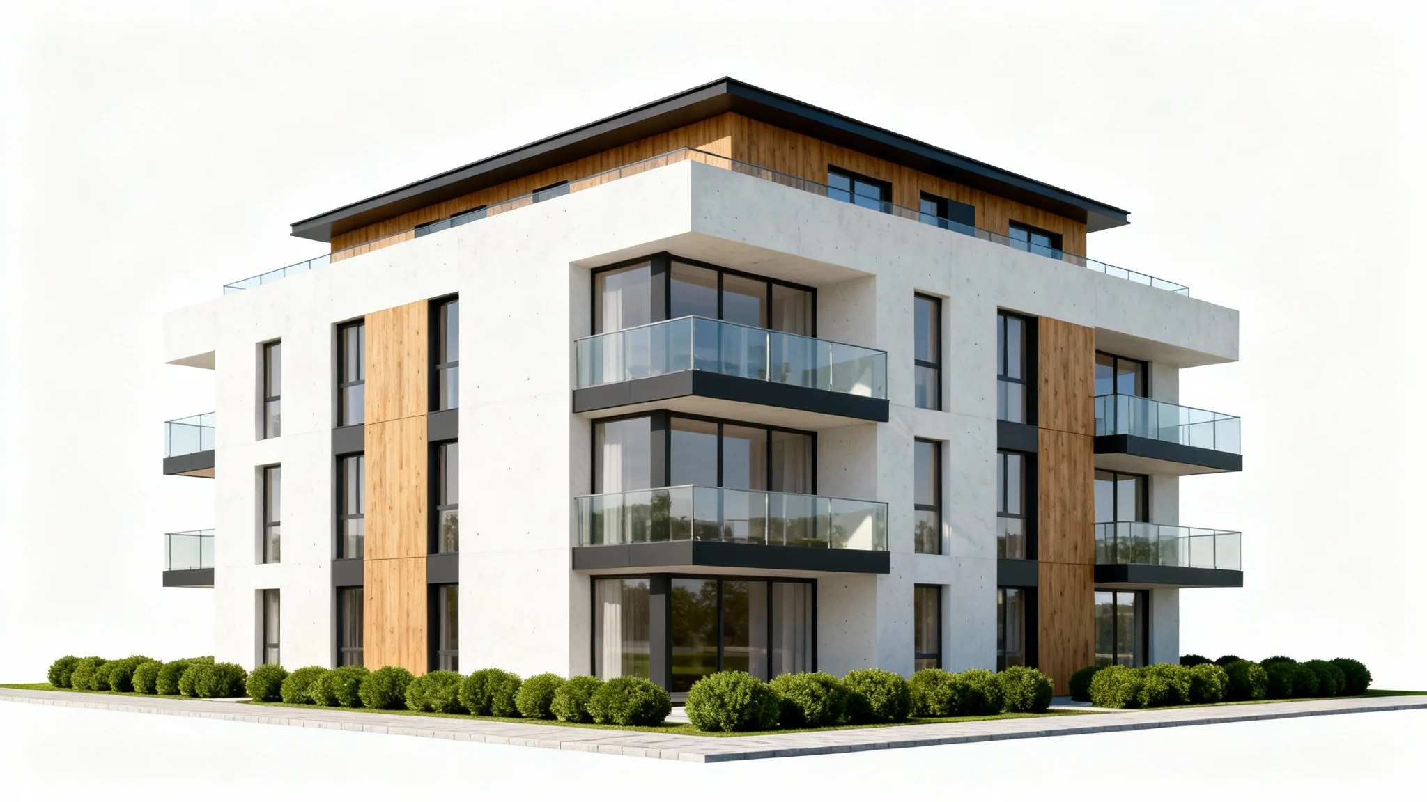 A photorealistic architectural rendering of a modern multifamily residential building with a mix of concrete, wood, and glass, presented against a clean white background.