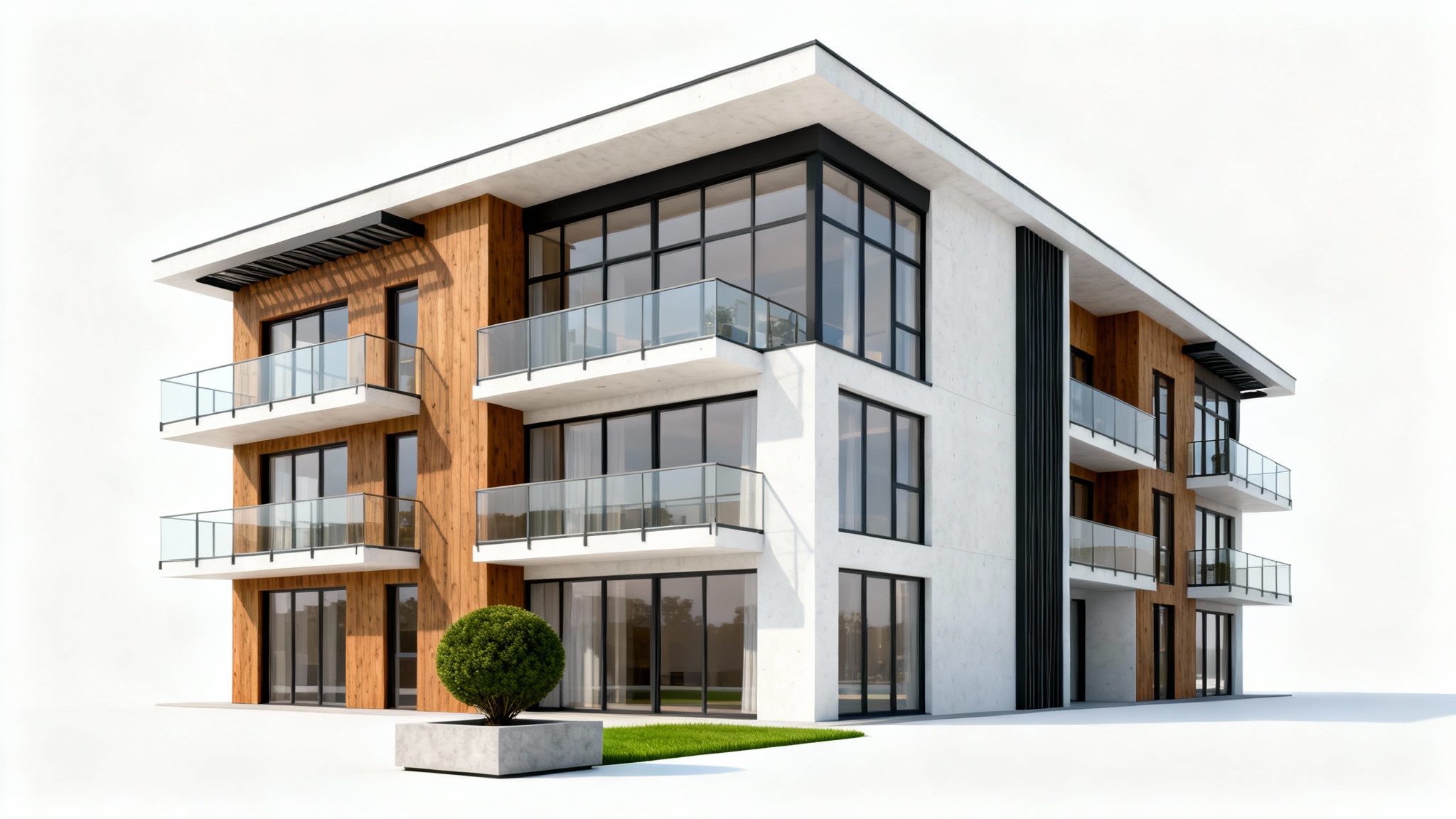 A photorealistic architectural rendering of a modern, luxury multifamily apartment building with large windows and balconies, presented as a mockup against a clean white background.