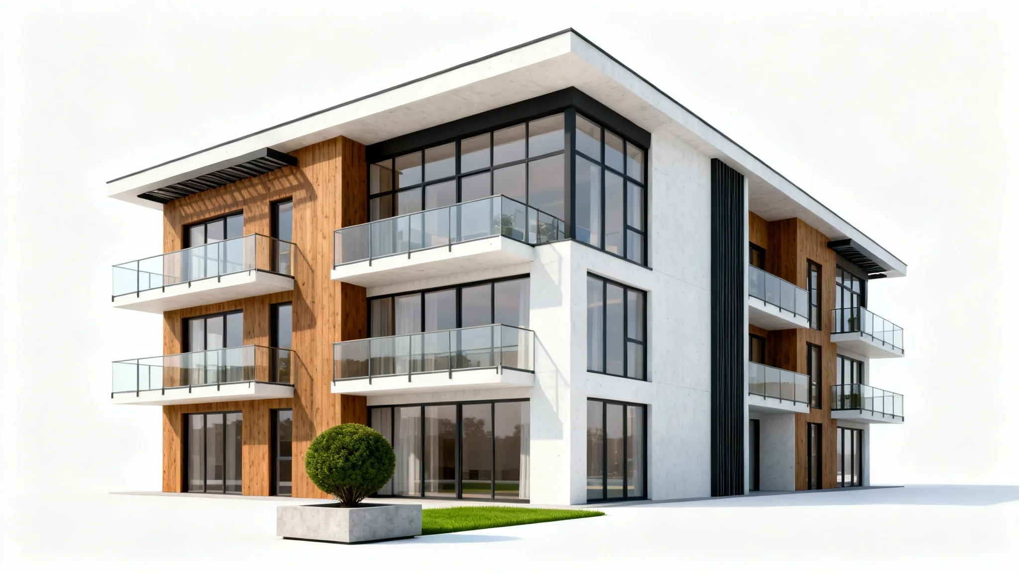 A photorealistic architectural rendering of a modern, luxury multifamily apartment building with large windows and balconies, presented as a mockup against a clean white background.