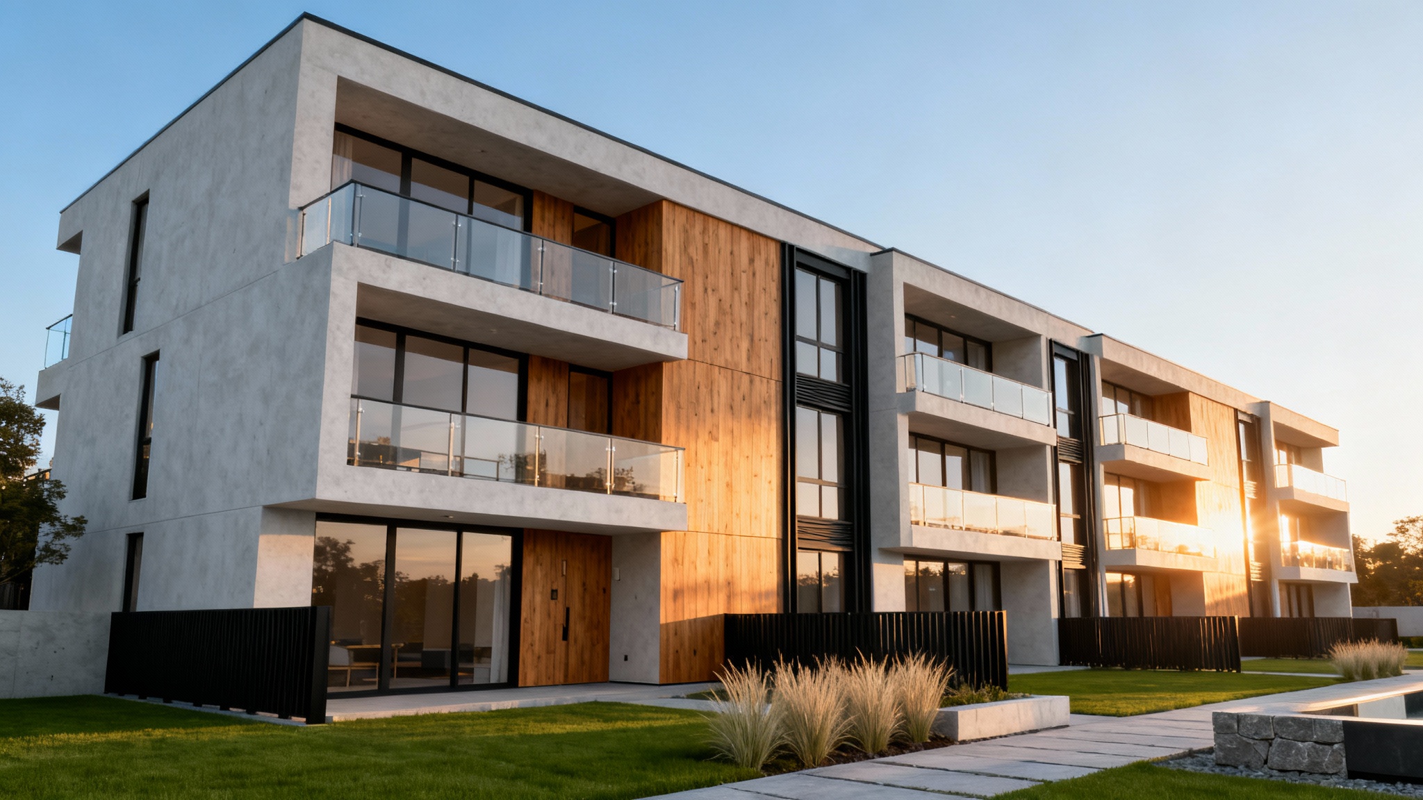 A photorealistic architectural rendering of a modern, luxury multifamily apartment complex at sunset, showcasing its sleek design and landscaped grounds.