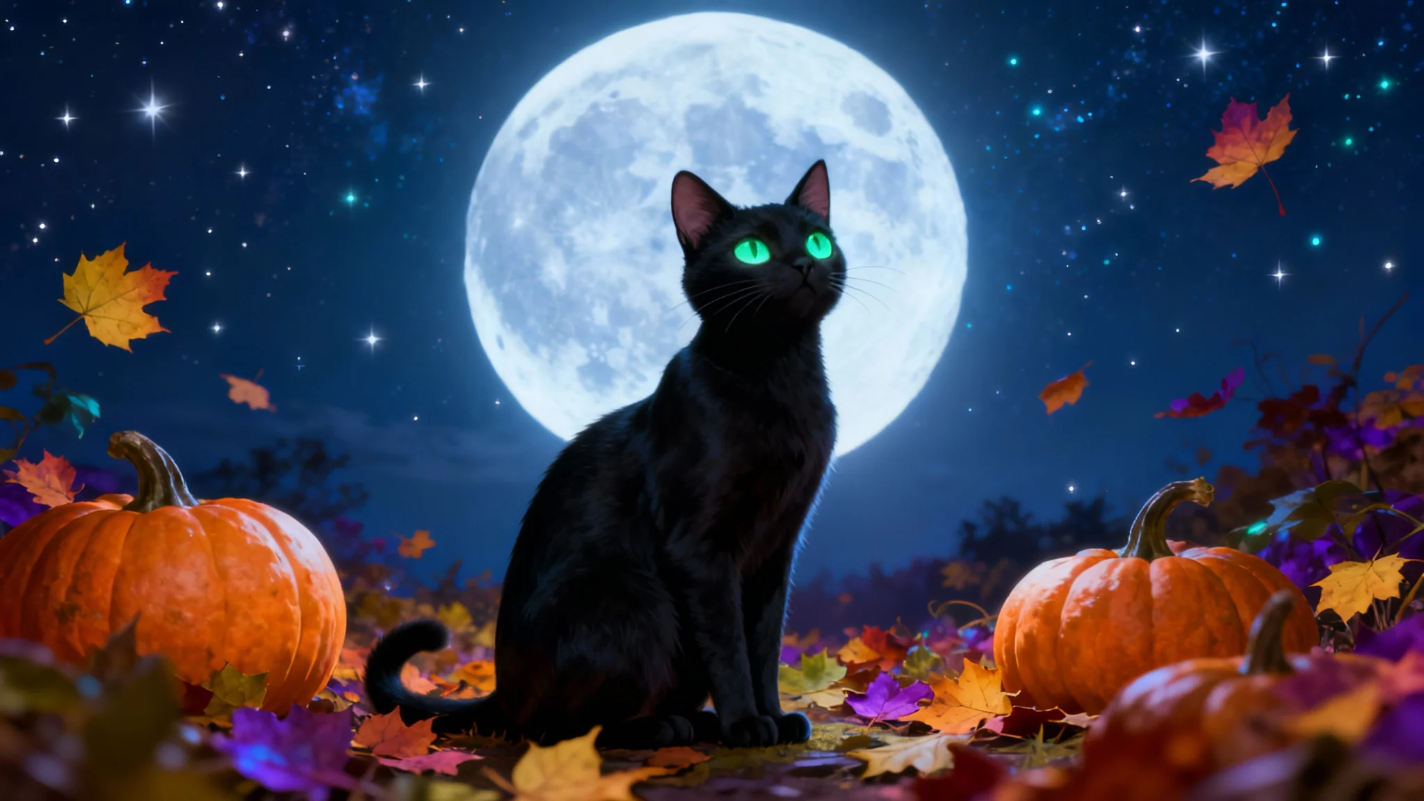 A beautiful digital illustration of a sleek black cat with glowing green eyes, sitting among pumpkins and autumn leaves under a full moon in a starry night sky.