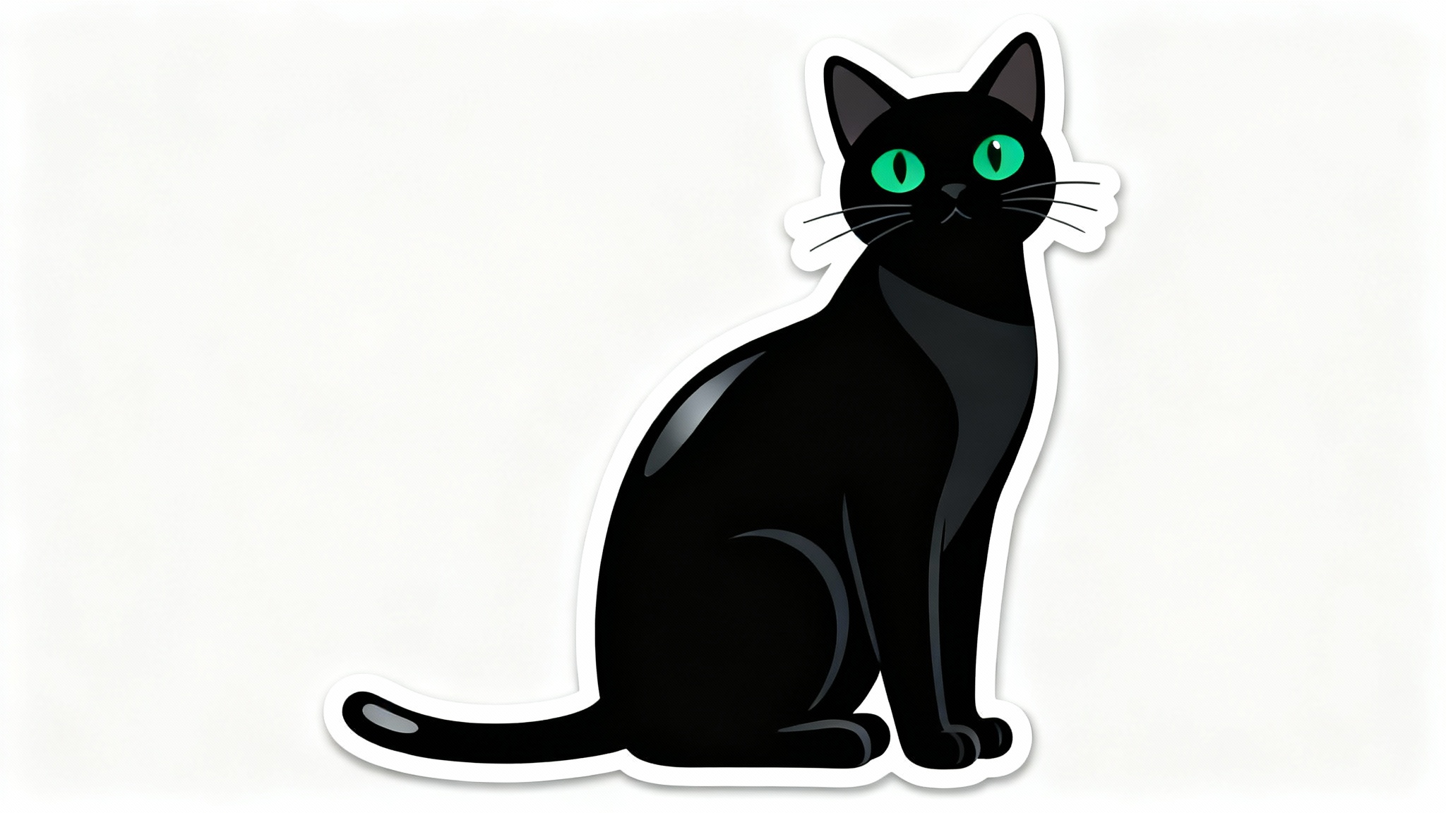 A minimalist digital illustration of a sleek black cat with striking green eyes, presented as a clean vector sticker on a plain white background.