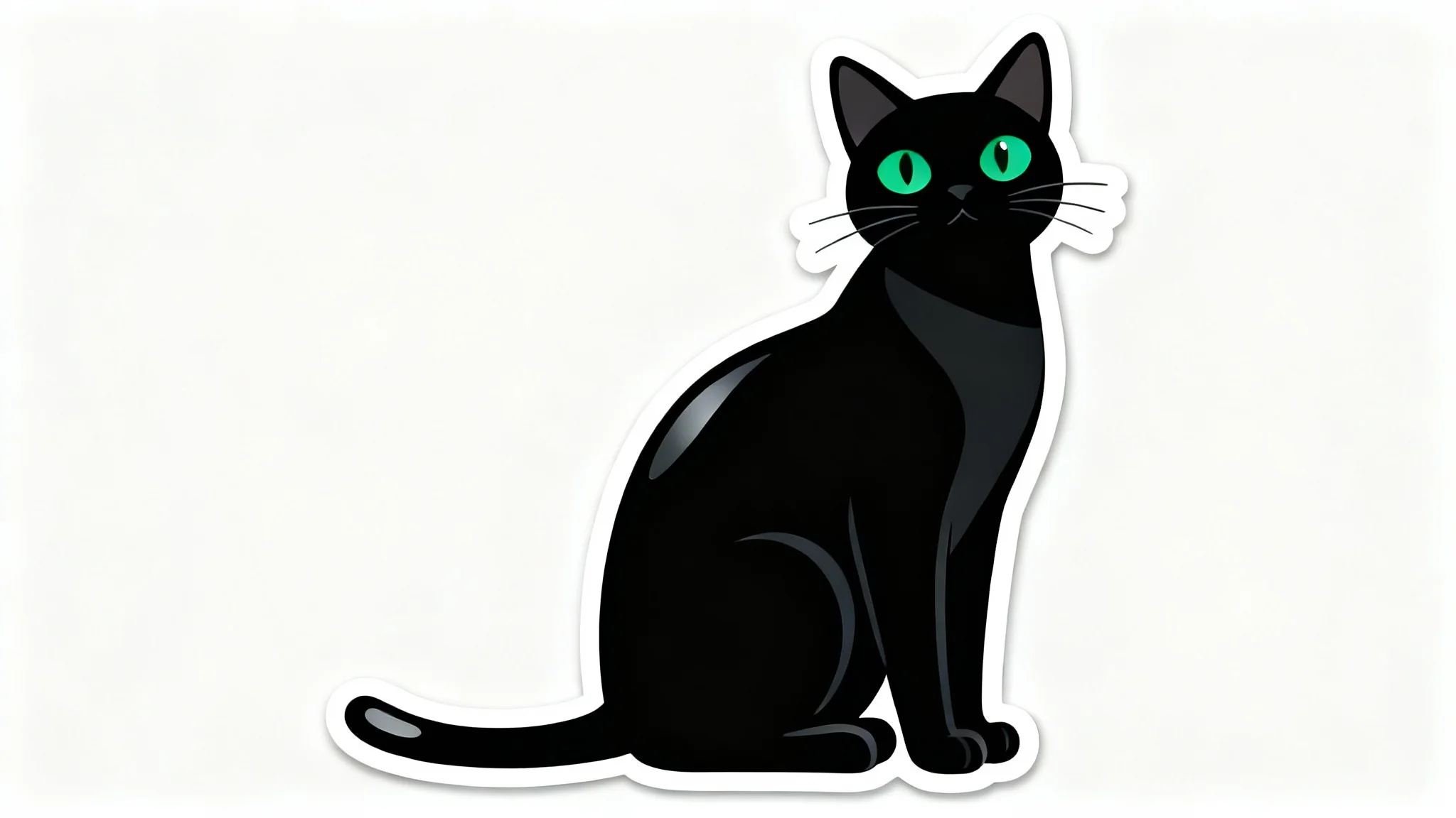 A minimalist digital illustration of a sleek black cat with striking green eyes, presented as a clean vector sticker on a plain white background.
