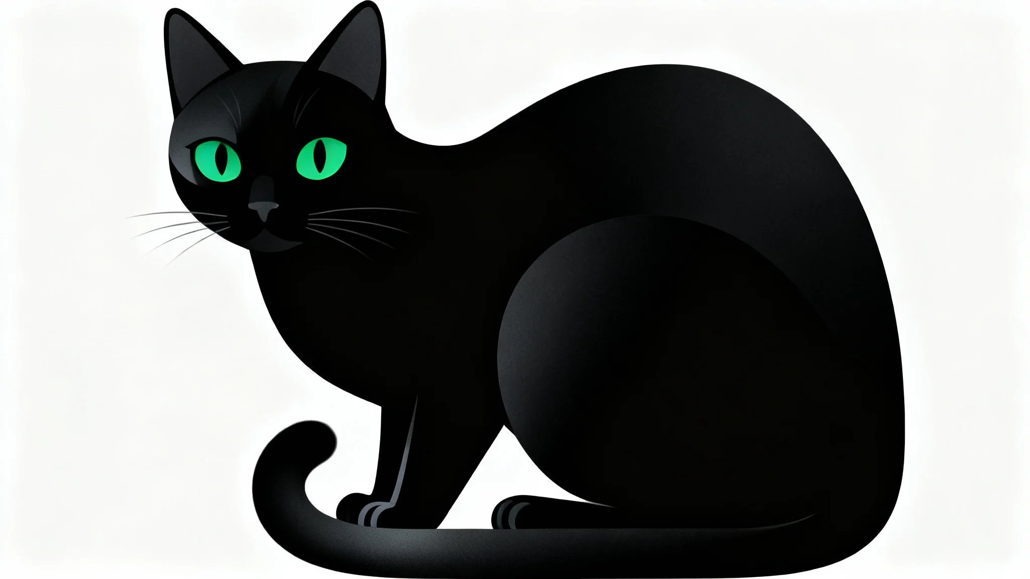 A minimalist digital illustration of a sleek black cat with striking green eyes, sitting elegantly on a plain white background.
