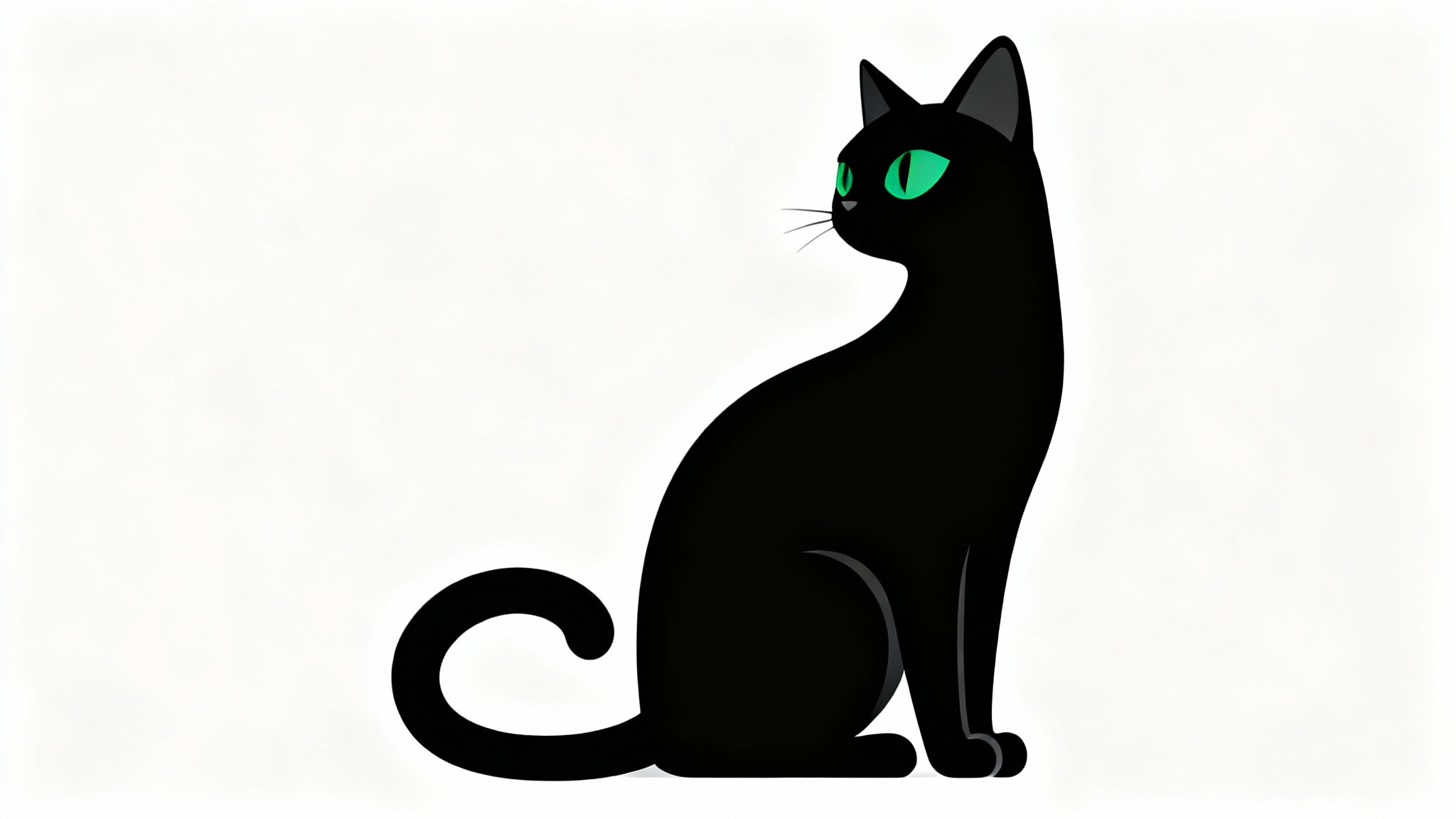 A modern vector illustration of a sleek black cat with vibrant green eyes, sitting in profile against a solid white background.
