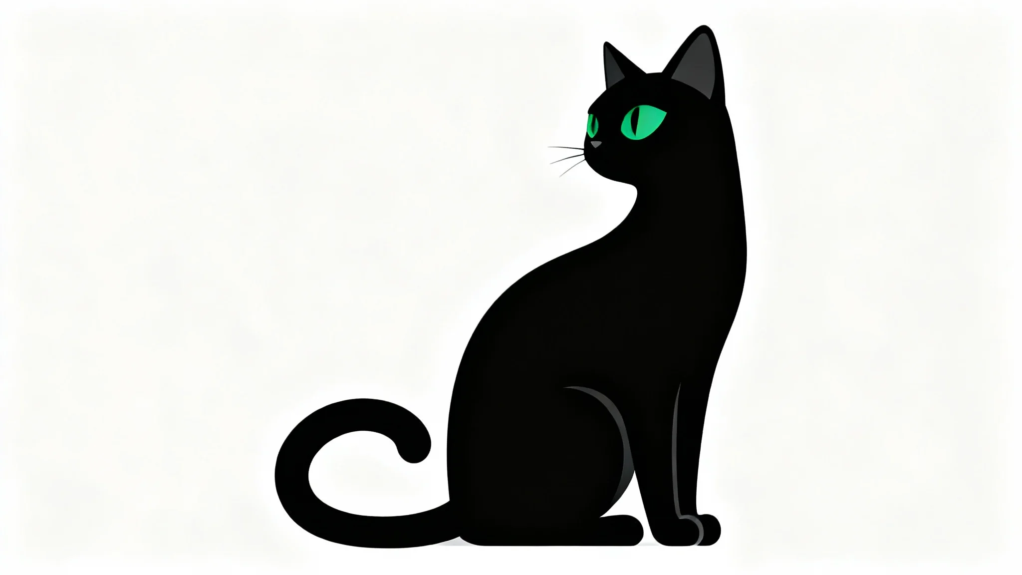 A modern vector illustration of a sleek black cat with vibrant green eyes, sitting in profile against a solid white background.