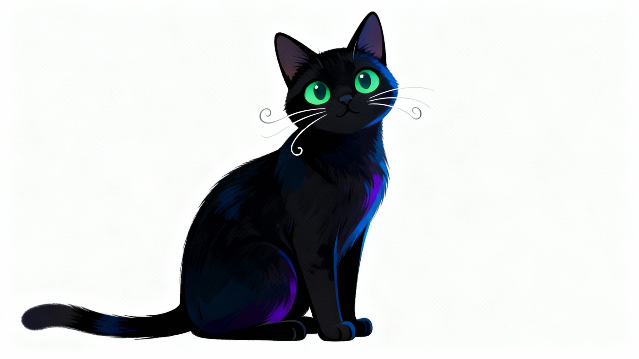 A modern, stylized illustration of a charming black cat with bright green eyes, sitting against a plain white background.