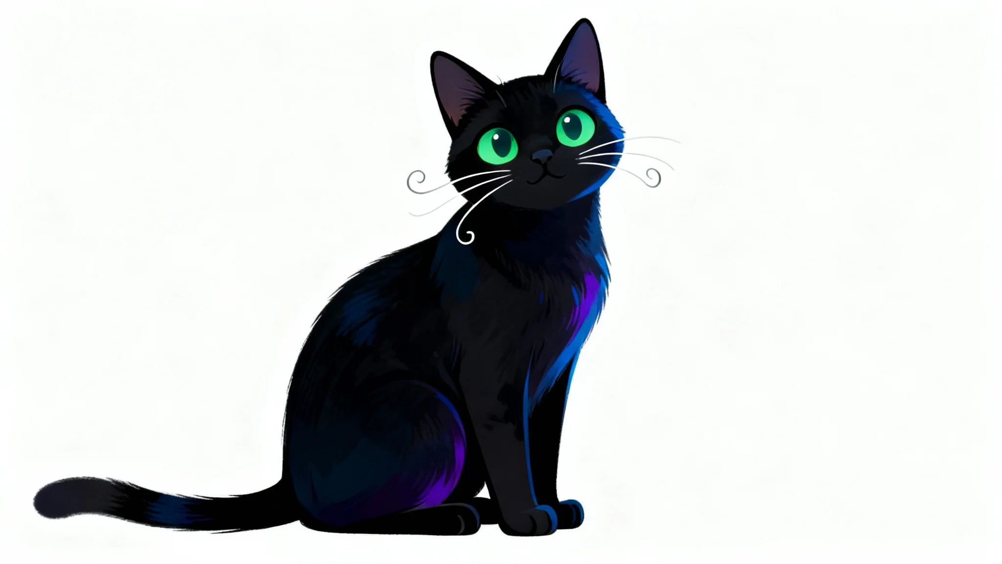 A modern, stylized illustration of a charming black cat with bright green eyes, sitting against a plain white background.
