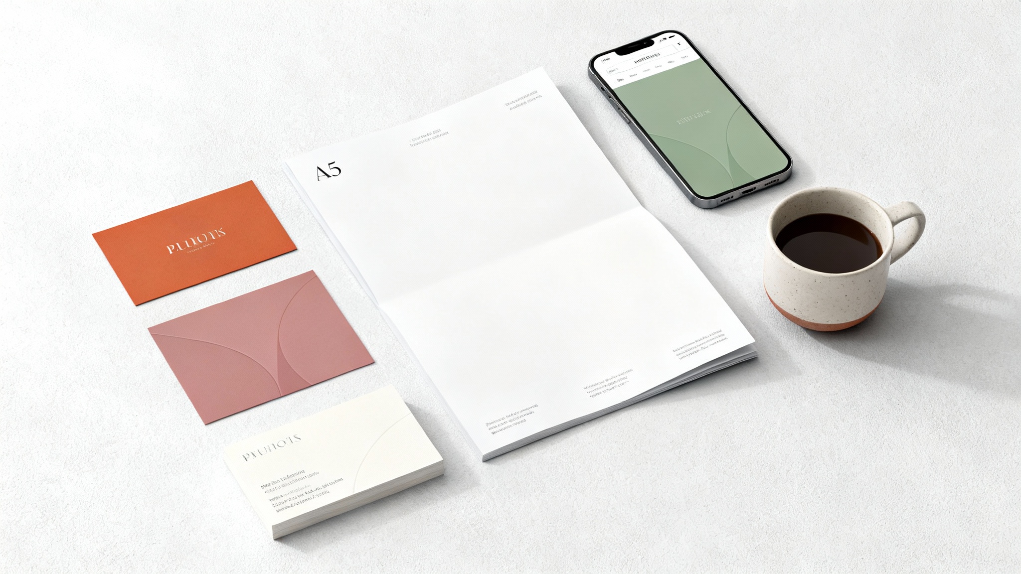 A flat lay of beautifully designed branding materials, including a business card and a smartphone, all using a harmonious color palette of terracotta, sage green, and cream to demonstrate a final design result.