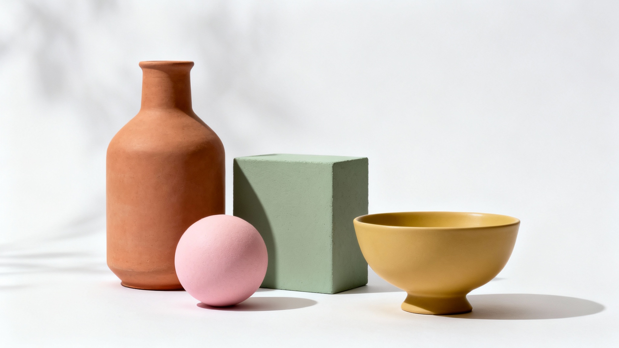 A minimalist still life arrangement demonstrating color harmony, featuring ceramic objects in terracotta, blush pink, sage green, and mustard yellow against a clean white background.