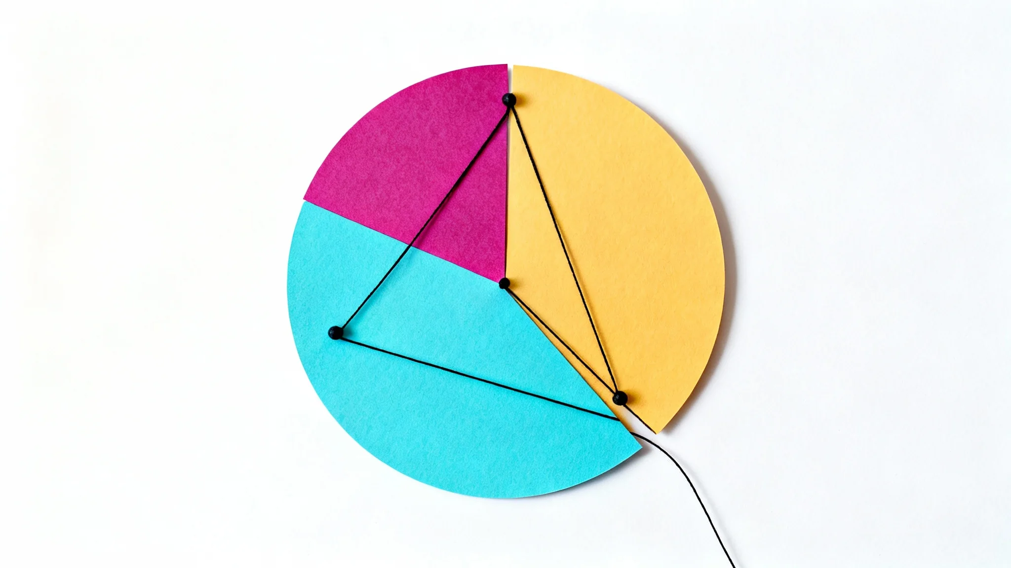 A top-down photo of a stylized color wheel on a white background, with black threads forming a triangle to show a triadic color harmony between magenta, cyan, and yellow.